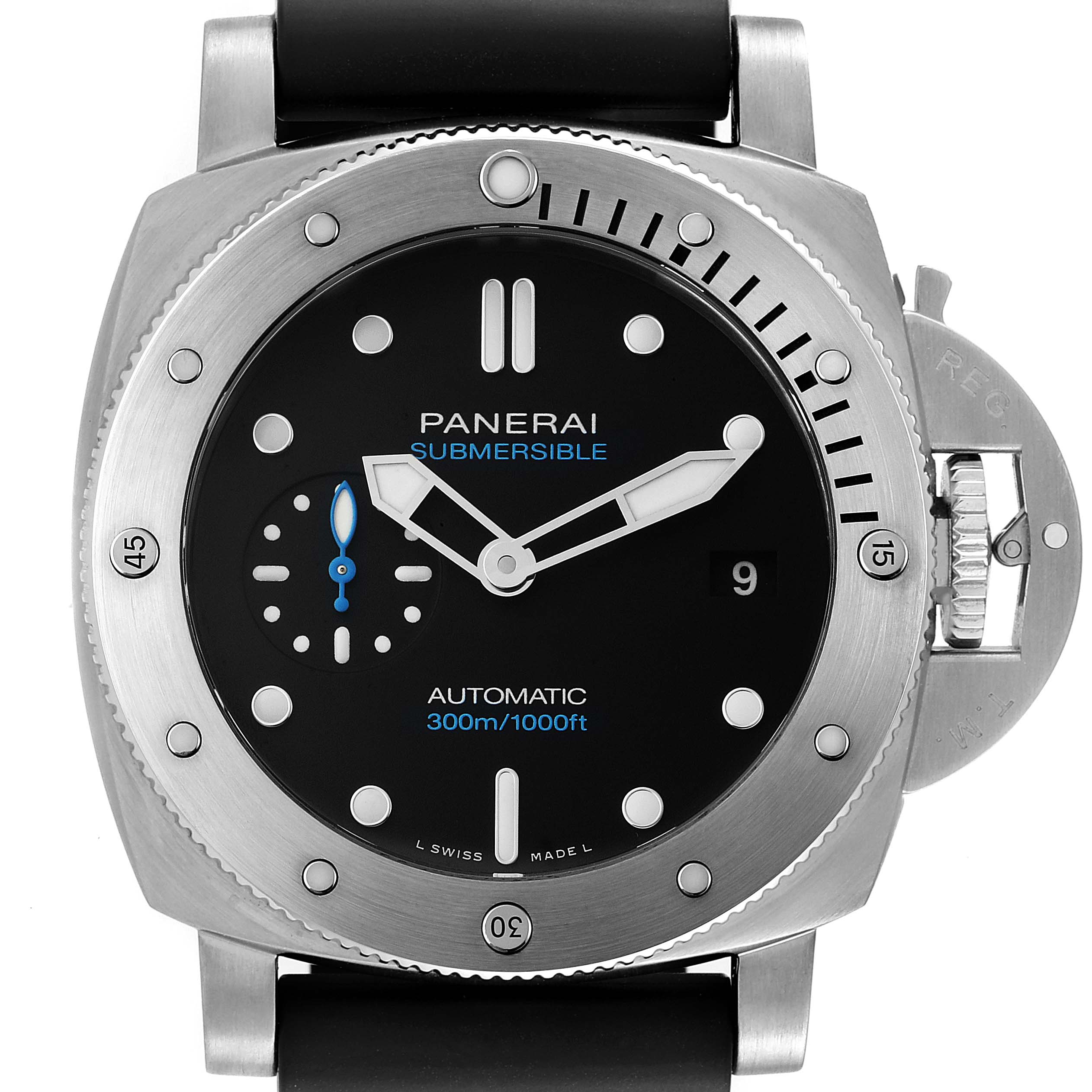 This image shows a front view of the Panerai Submersible PAM00973 Men's Stainless Steel Black Dial PAM00973 Men's Stainless Steel Black Dial watch, displaying its black dial, bezel, and crown guard.