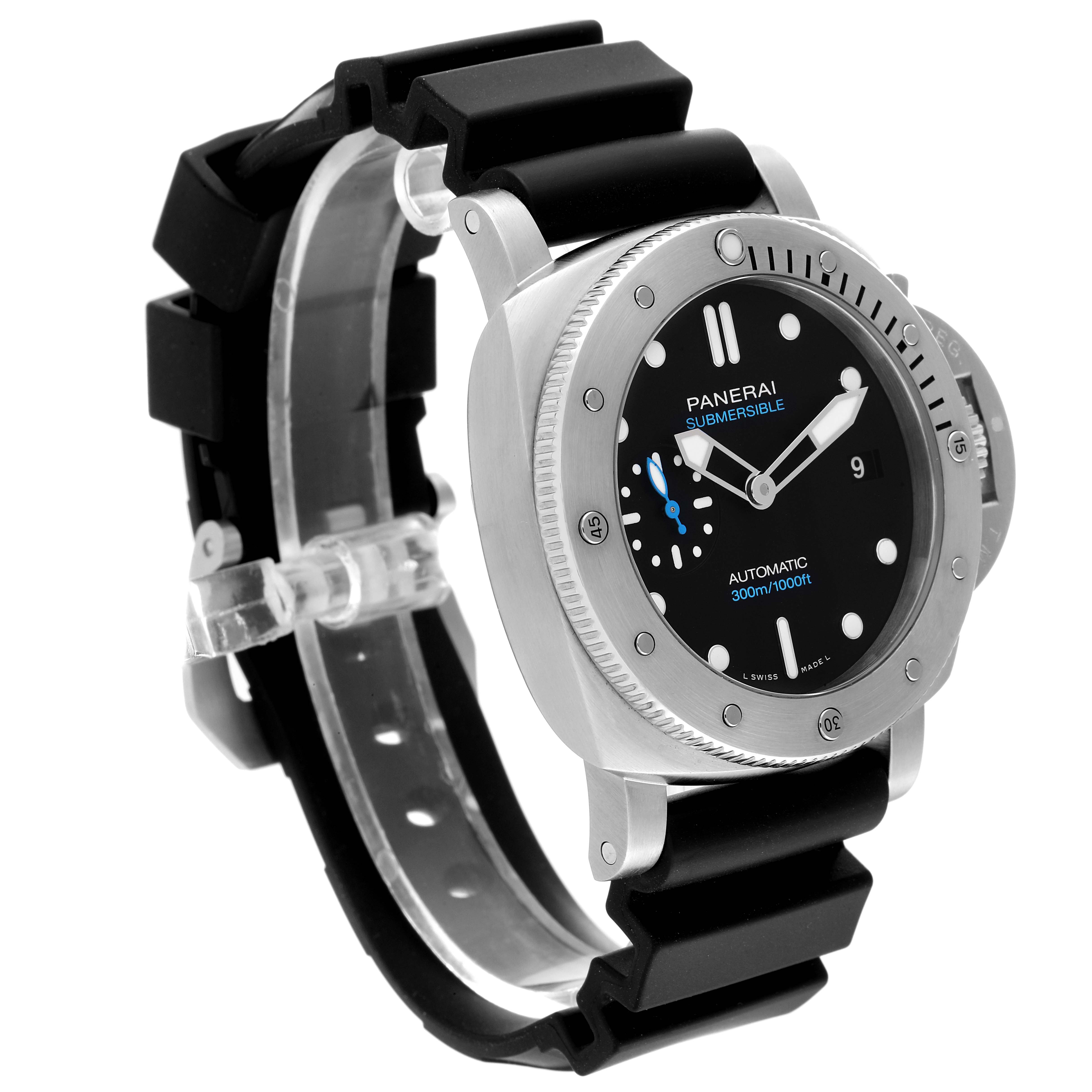 The image shows a Panerai Submersible PAM00973 Men's Stainless Steel Black Dial PAM00973 Men's Stainless Steel Black Dial model watch from an angled front view, showcasing its black dial, rubber strap, and bezel.