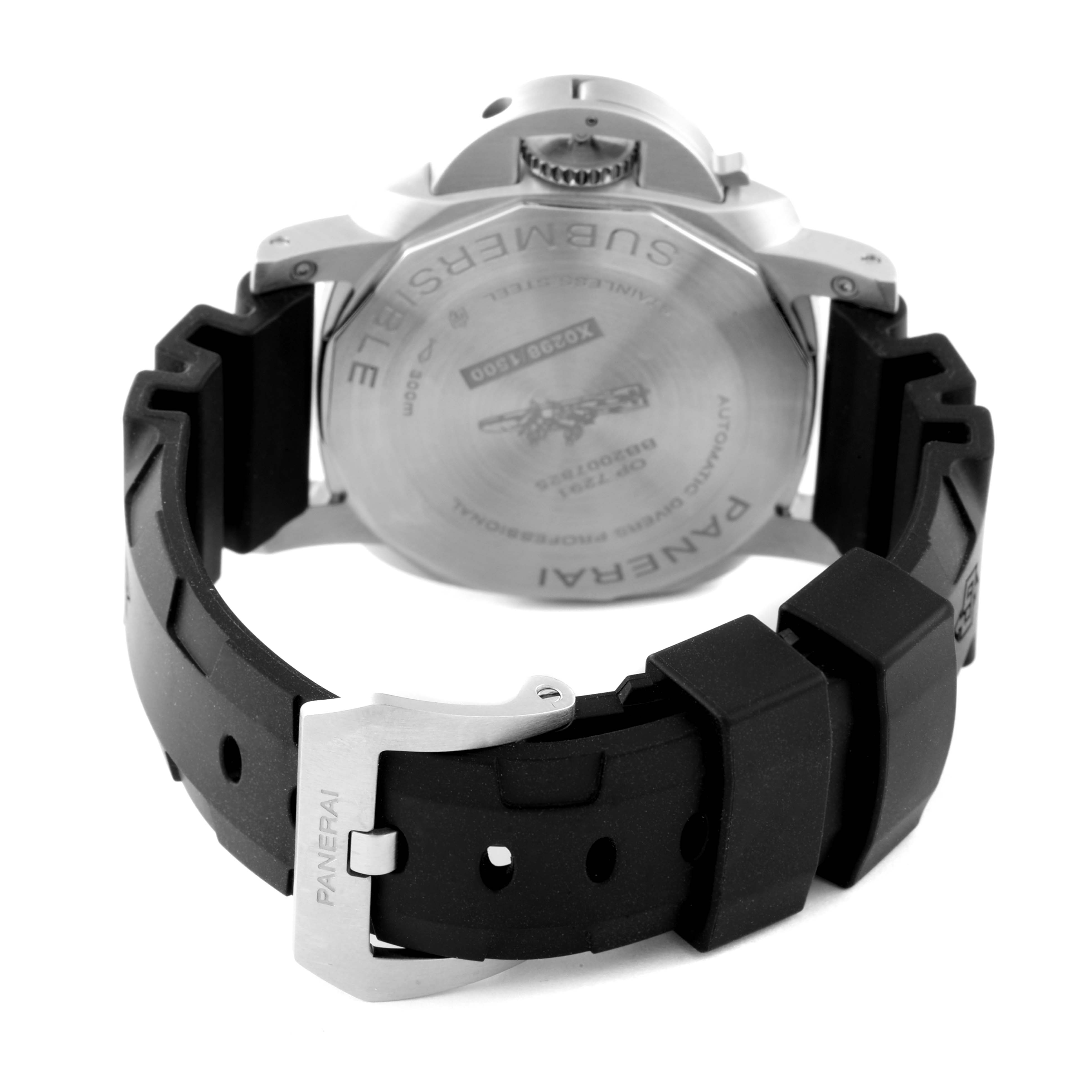 The image shows the case back and part of the strap of a Panerai Submersible PAM00973 Men's Stainless Steel Black Dial PAM00973 Men's Stainless Steel Black Dial watch.