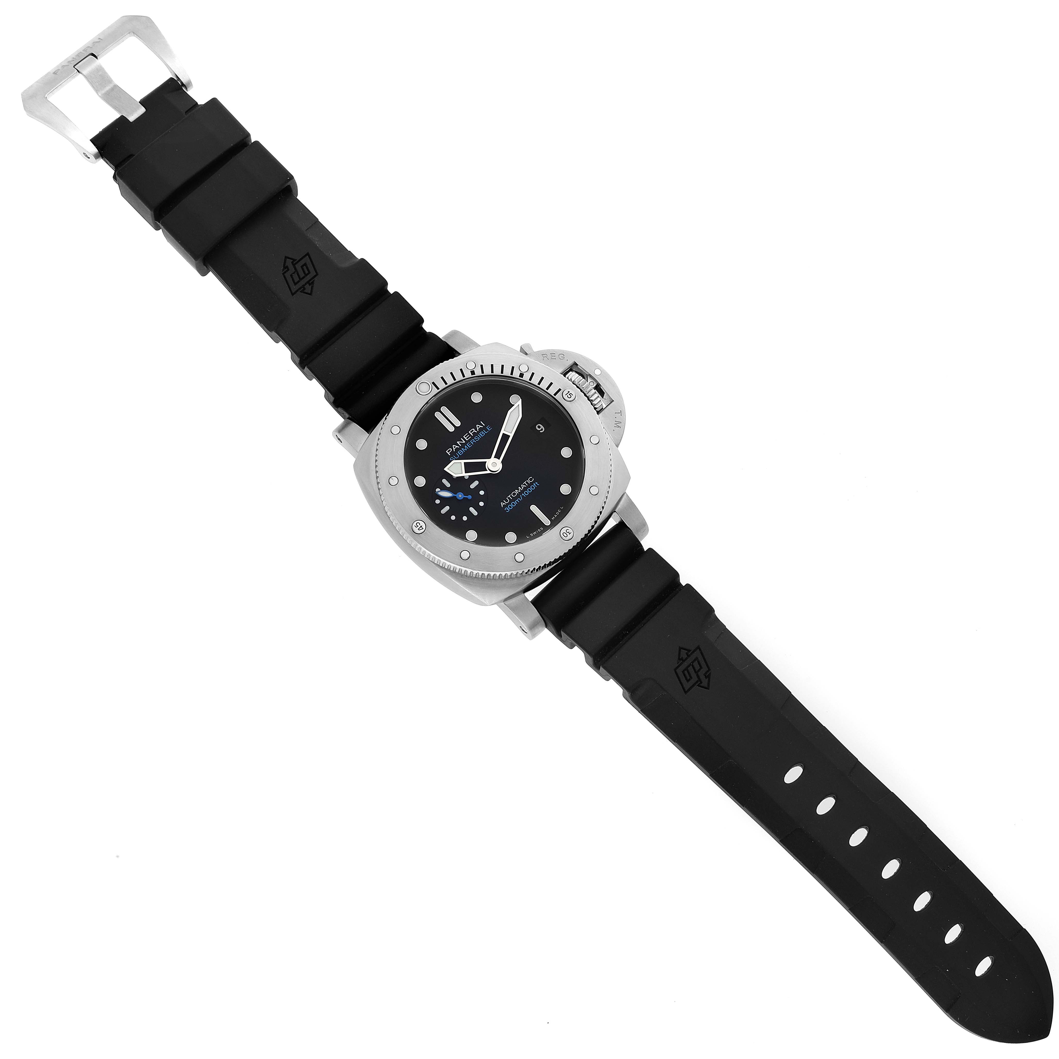 The image shows a full frontal view of a Panerai Submersible PAM00973 Men's Stainless Steel Black Dial PAM00973 Men's Stainless Steel Black Dial watch, showcasing its dial, bezel, case, and rubber strap.