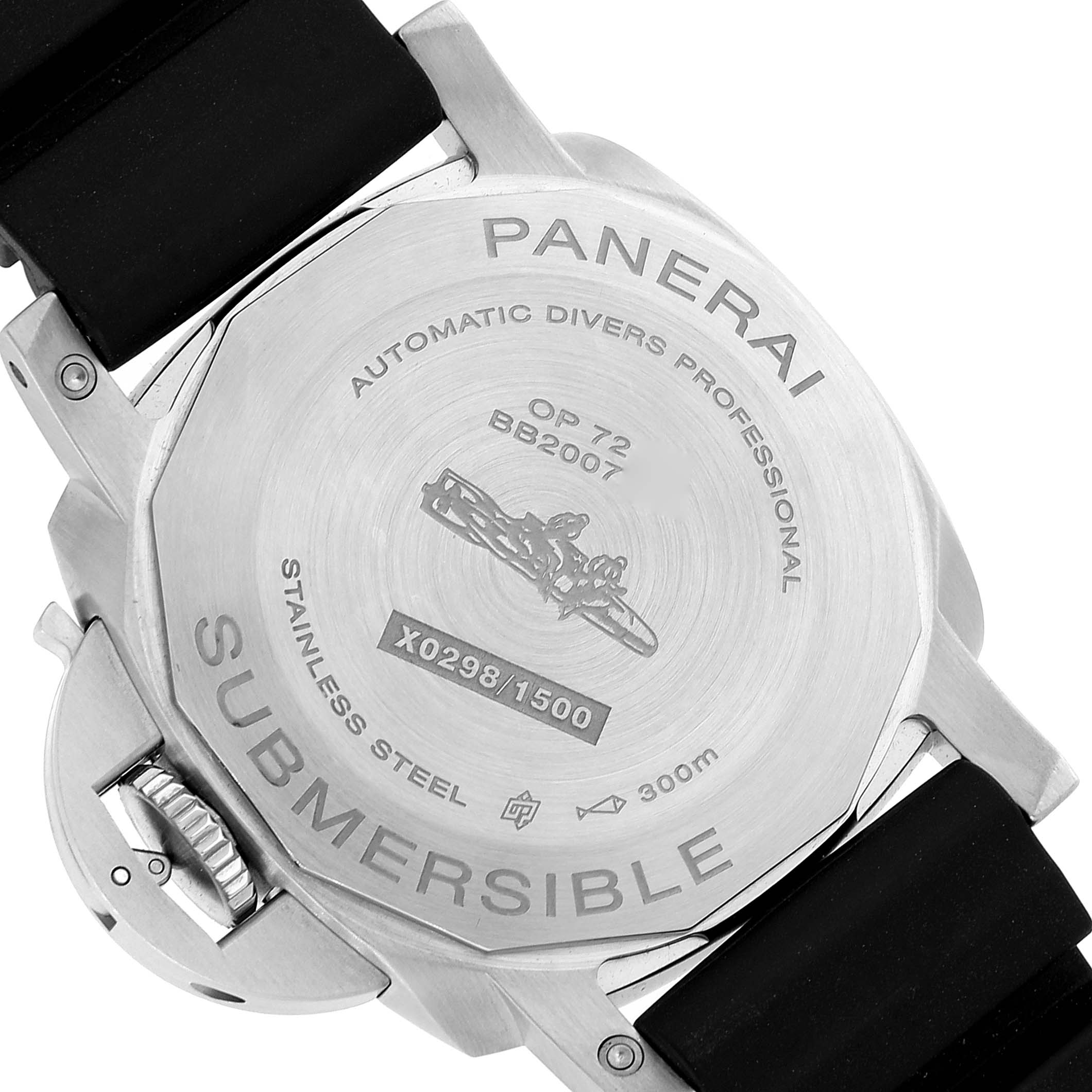 The image shows the back casing of the Panerai Submersible PAM00973 Men's Stainless Steel Black Dial PAM00973 Men's Stainless Steel Black Dial watch, including brand engravings and model details.