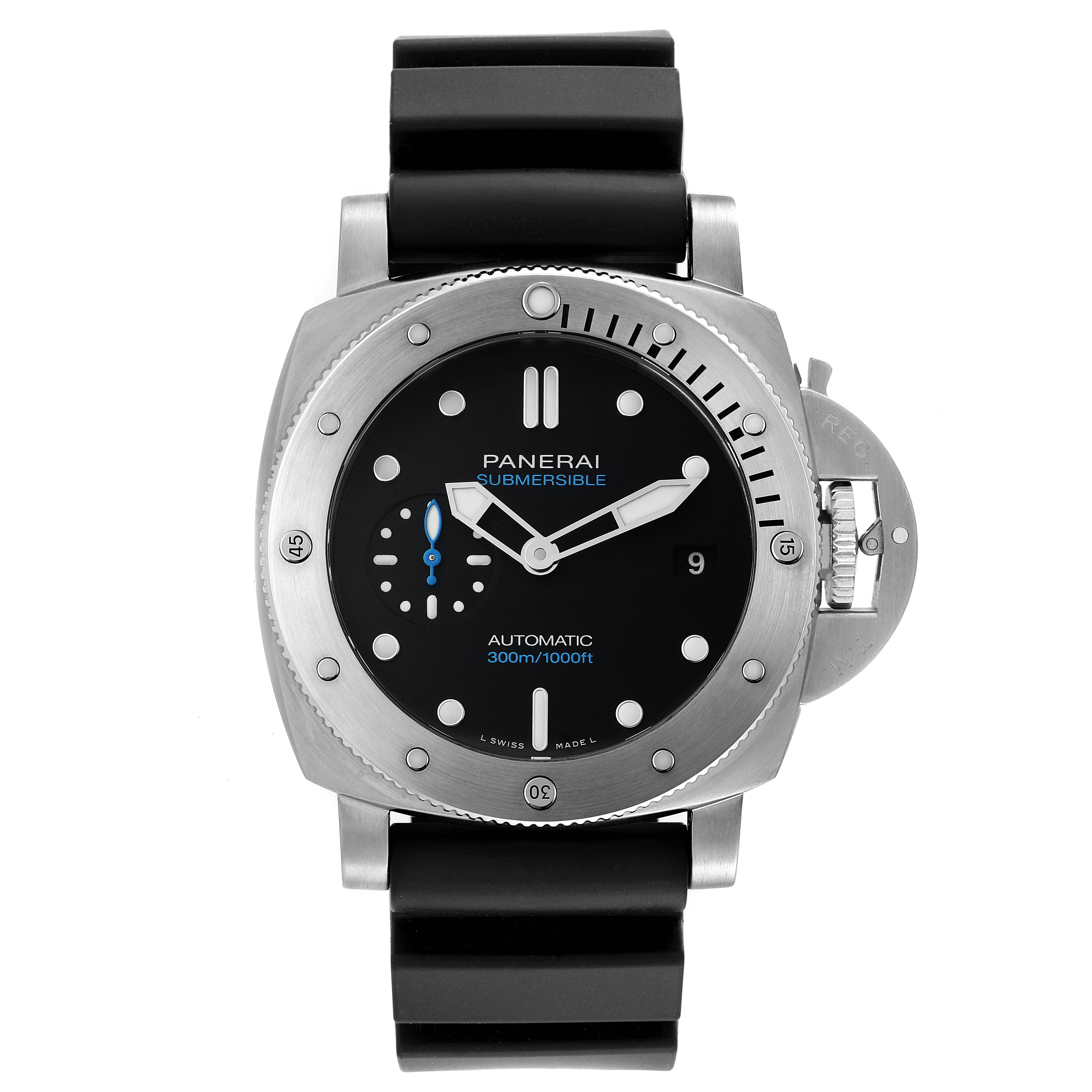 The Panerai Submersible PAM00973 Men's Stainless Steel Black Dial PAM00973 Men's Stainless Steel Black Dial watch is shown from a front angle, displaying its dial, hands, bezel, and strap.