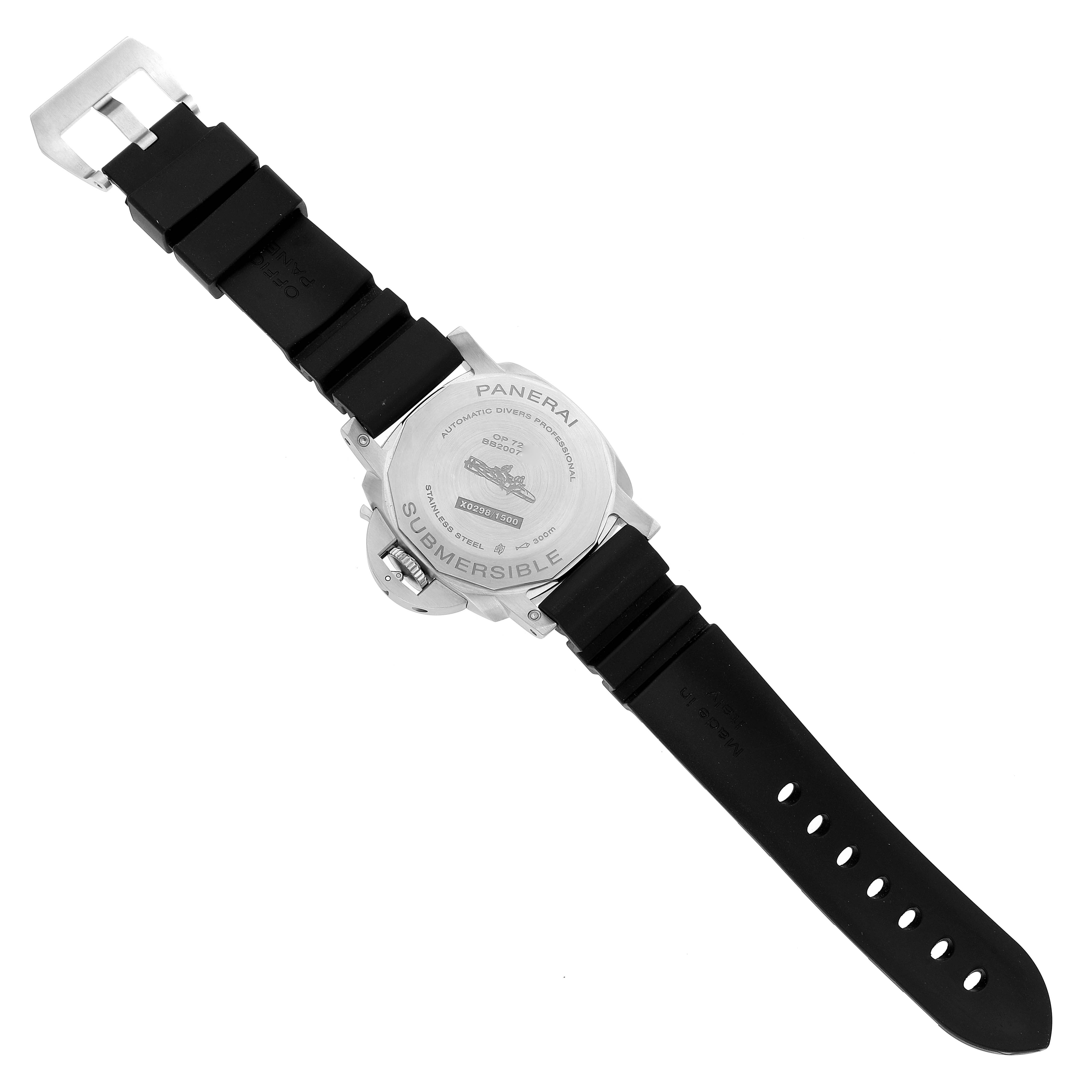 The image shows the back case and band of a Panerai Submersible PAM00973 Men's Stainless Steel Black Dial PAM00973 Men's Stainless Steel Black Dial watch, displaying its buckle, crown, and inscriptions.