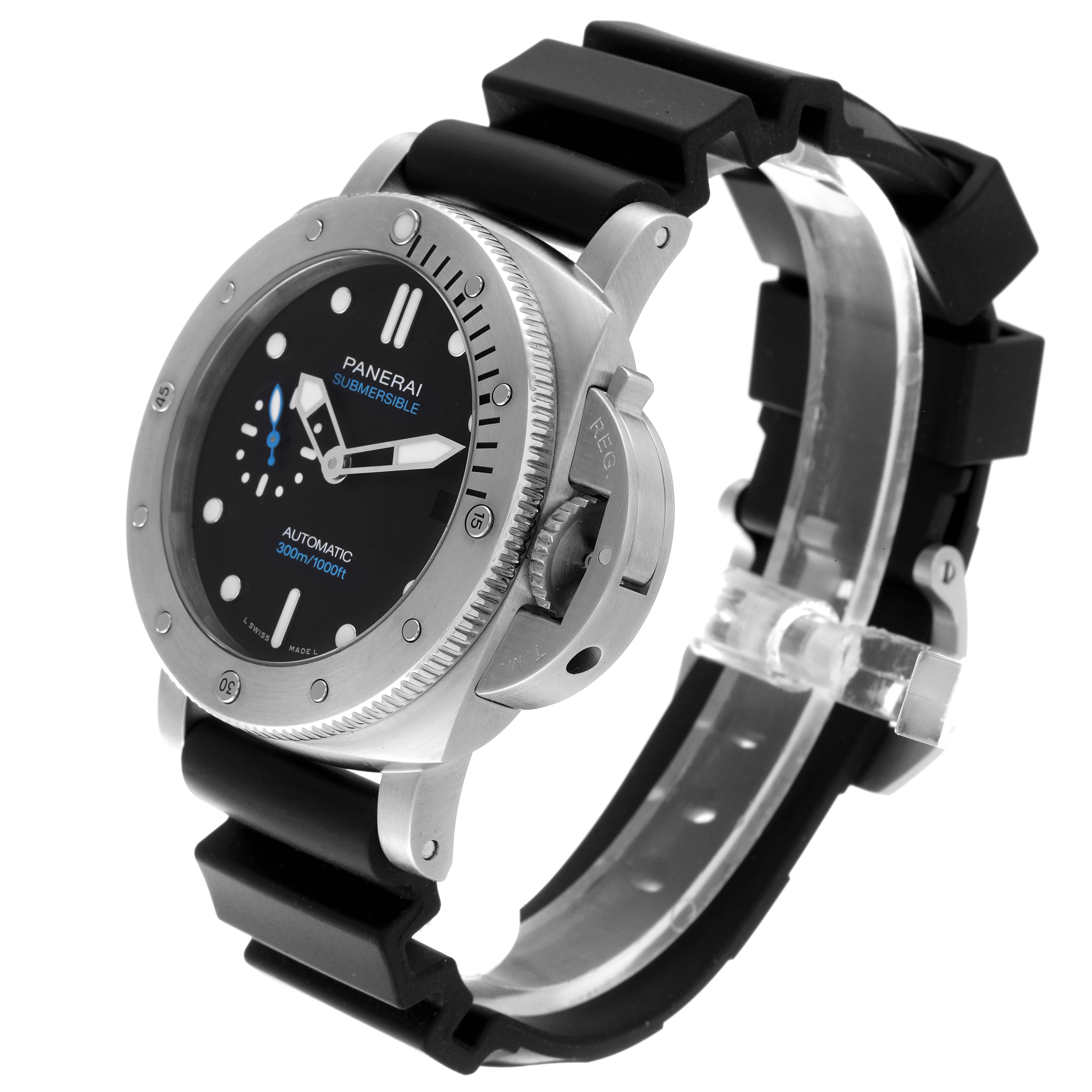 This image shows a Panerai Submersible PAM00973 Men's Stainless Steel Black Dial PAM00973 Men's Stainless Steel Black Dial watch from an angled side view, highlighting its dial, bezel, and black strap.