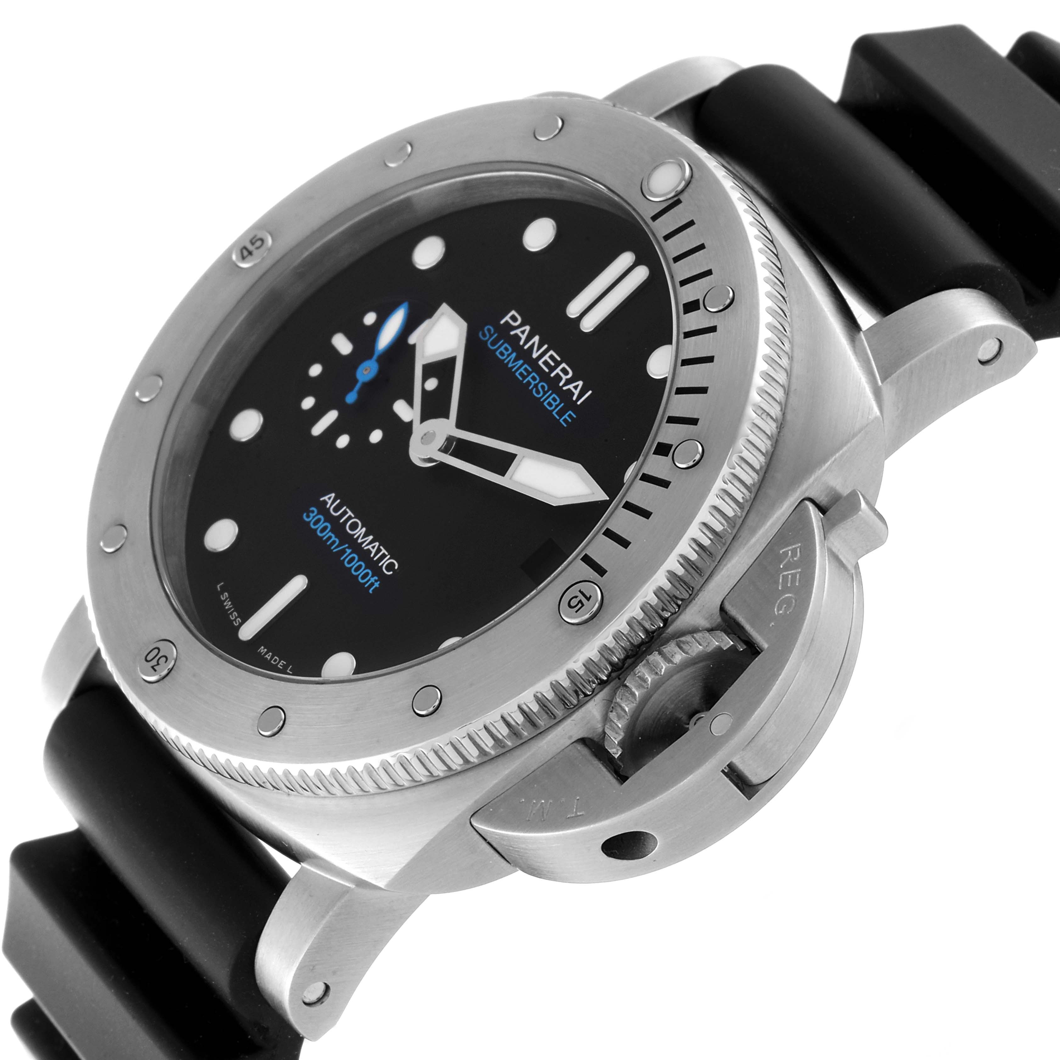 The image shows a side view of the Panerai Submersible PAM00973 Men's Stainless Steel Black Dial PAM00973 Men's Stainless Steel Black Dial watch, highlighting the bezel, dial, and crown guard.