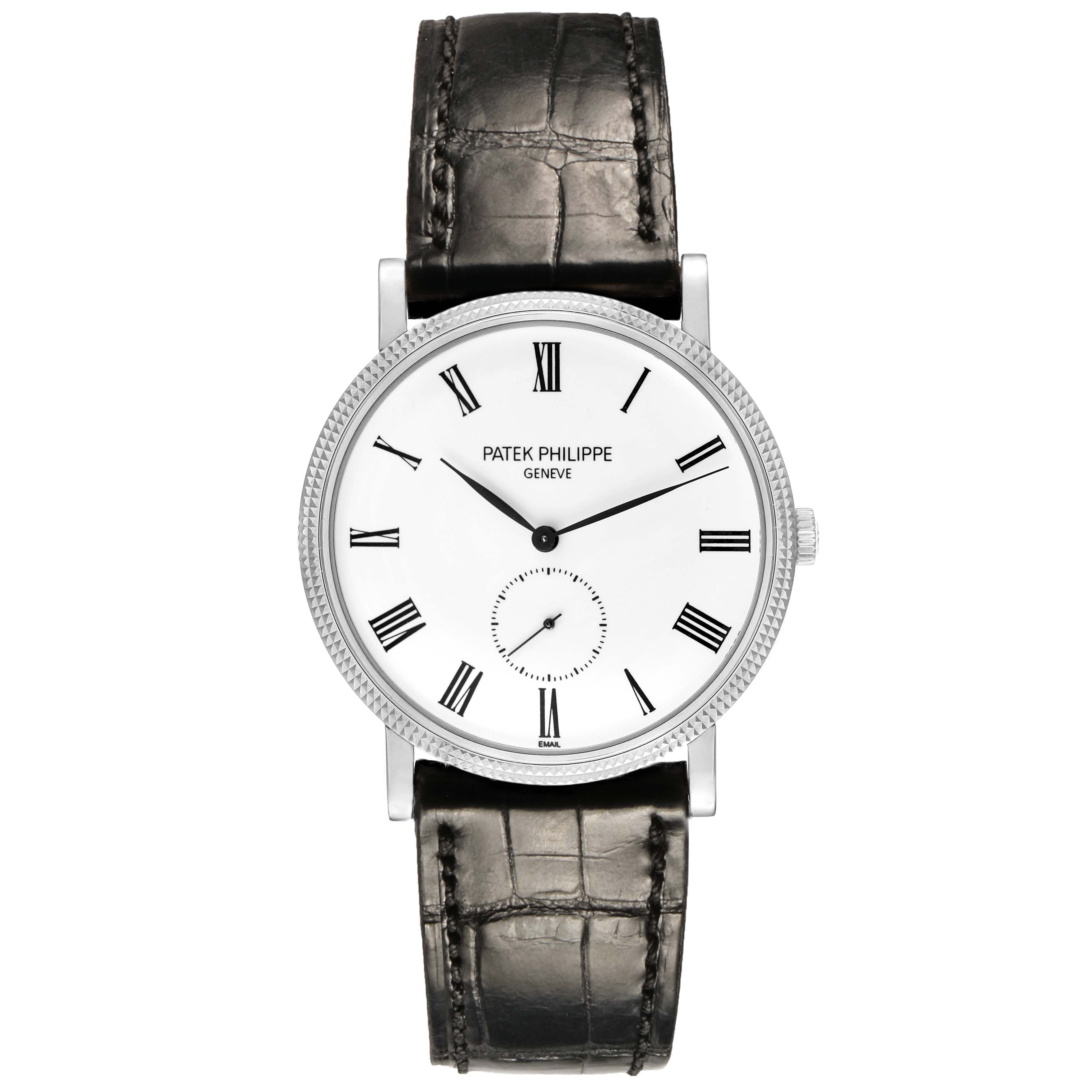 The Patek Philippe Calatrava 5116 Men's White Gold White Dial watch is shown from a front angle, displaying its dial, case, and leather strap.
