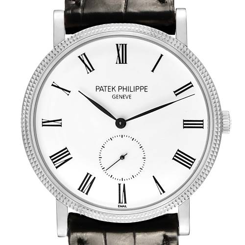 The Patek Philippe Calatrava 5116 Men's White Gold White Dial watch is shown from the front, highlighting the dial, Roman numerals, and textured bezel.