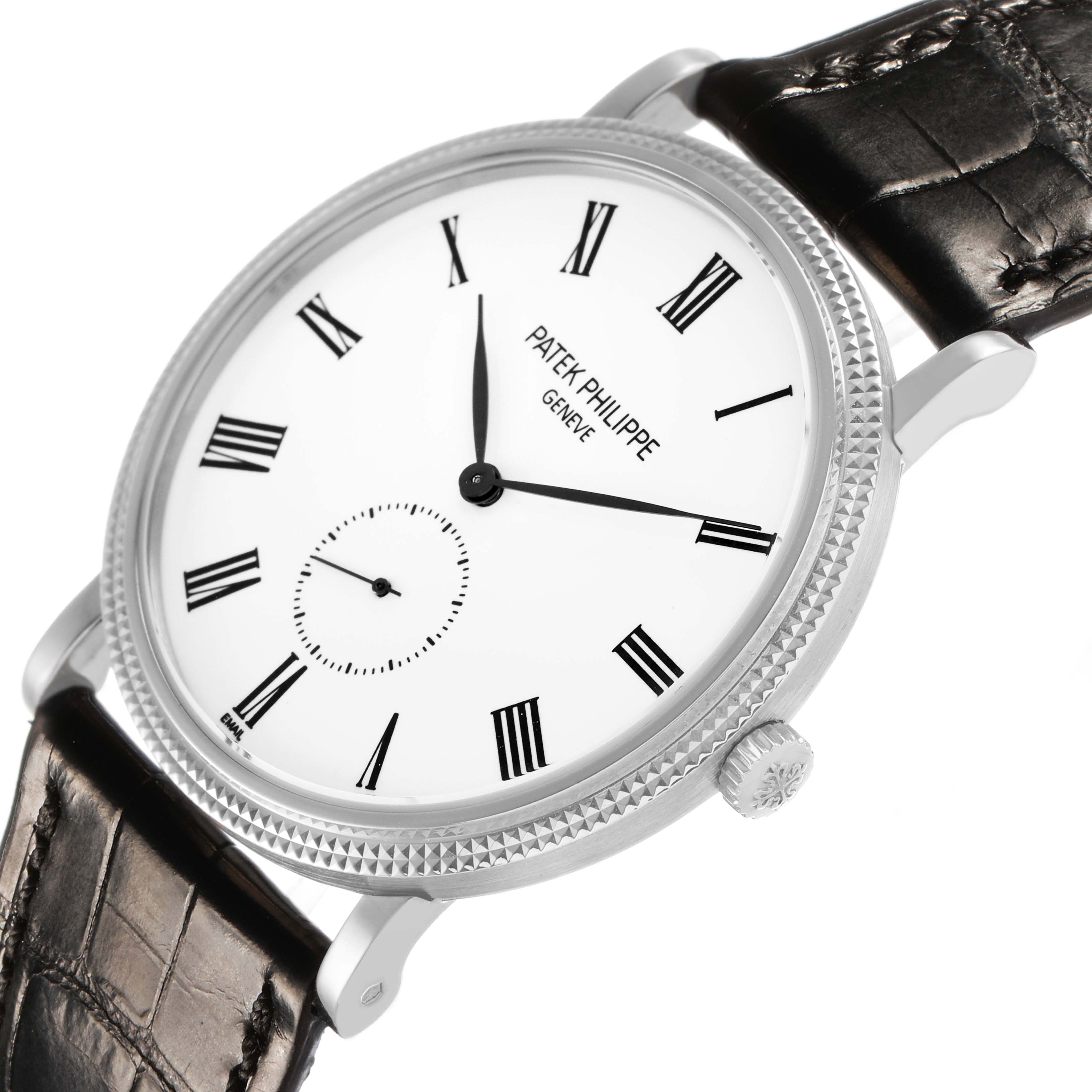 The Patek Philippe Calatrava 5116 Men's White Gold White Dial watch is shown at an angled view, highlighting the dial, bezel, crown, and leather strap.