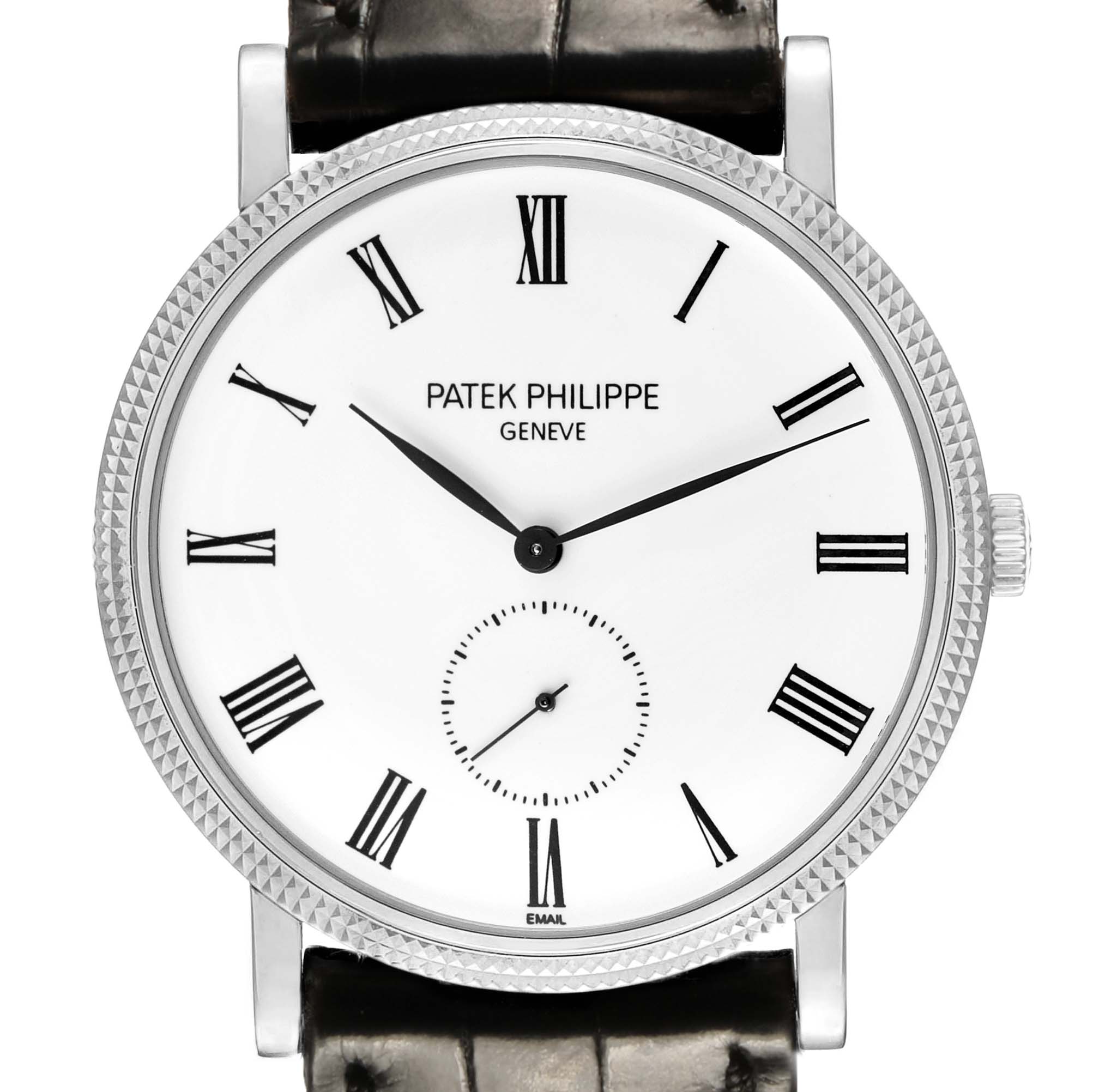 The Patek Philippe Calatrava 5116 Men's White Gold White Dial watch is shown from a front angle, highlighting its dial, Roman numerals, and leather strap.