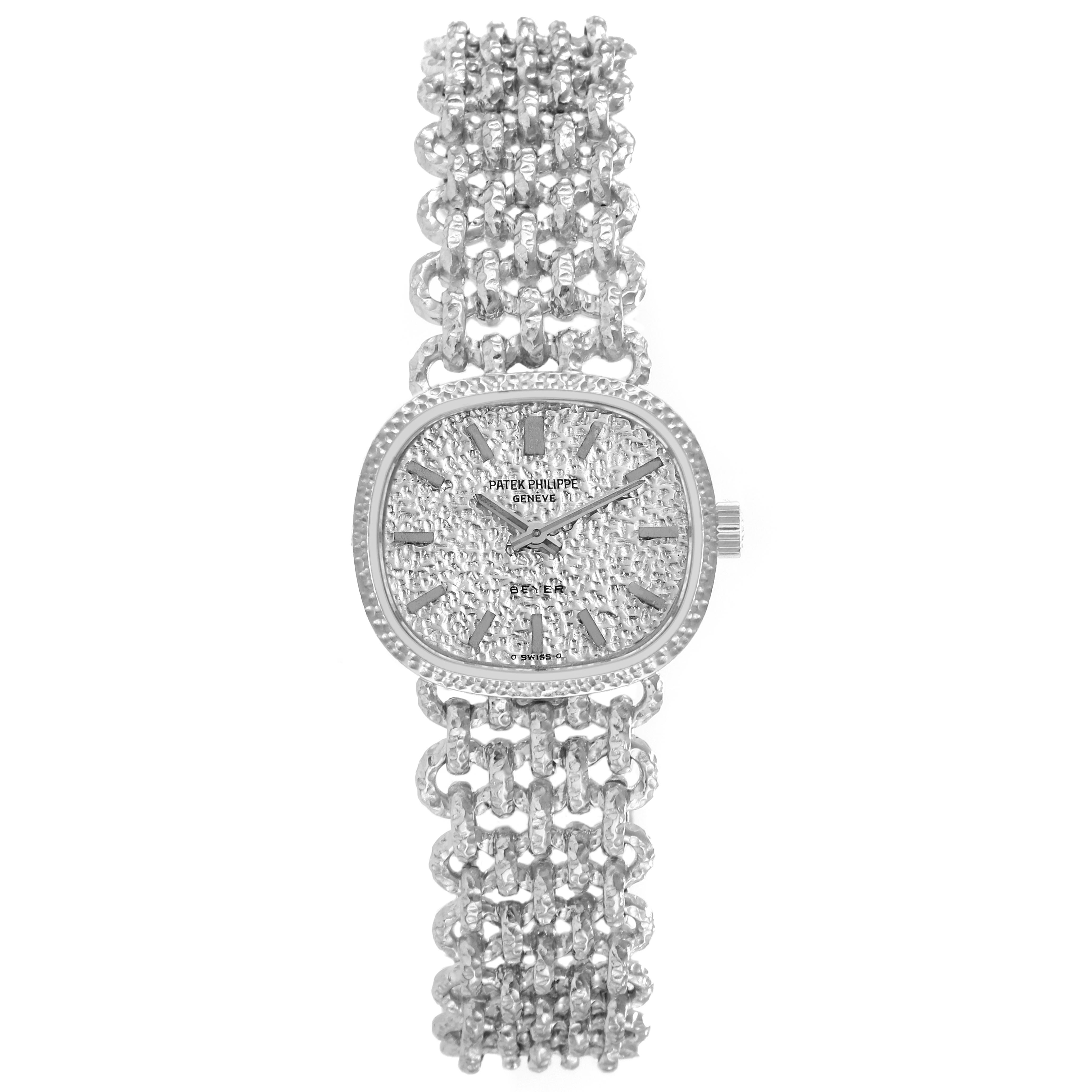 The Patek Philippe Golden Ellipse 4133 Women's White Gold White Dial 4133 Women's White Gold White Dial watch is shown from the front, displaying the intricate dial and bracelet details.