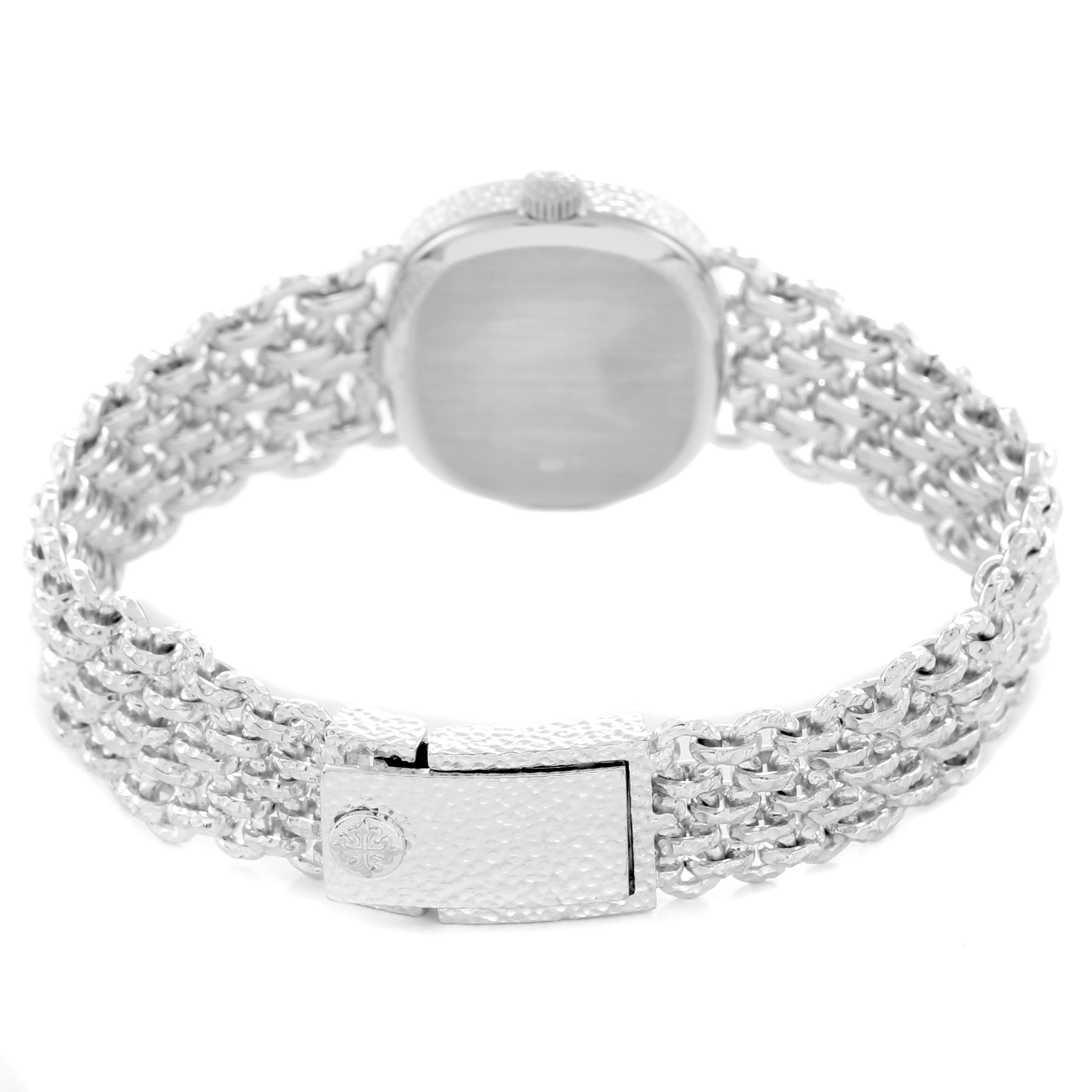 The image shows the back and clasp of a Patek Philippe Golden Ellipse 4133 Women's White Gold White Dial 4133 Women's White Gold White Dial watch, highlighting the textured bracelet design.