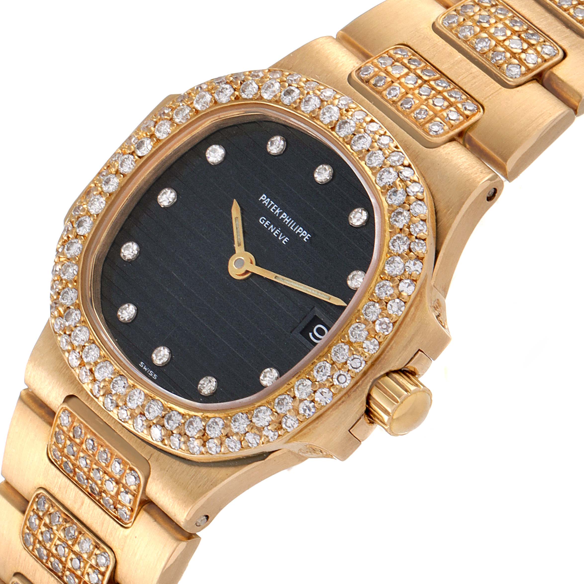 The image shows a close-up angle of the Patek Philippe Nautilus 4700/G Women's Yellow Gold Black Dial 4700/G Women's Yellow Gold Black Dial watch with a gold and diamond-encrusted bezel and bracelet.