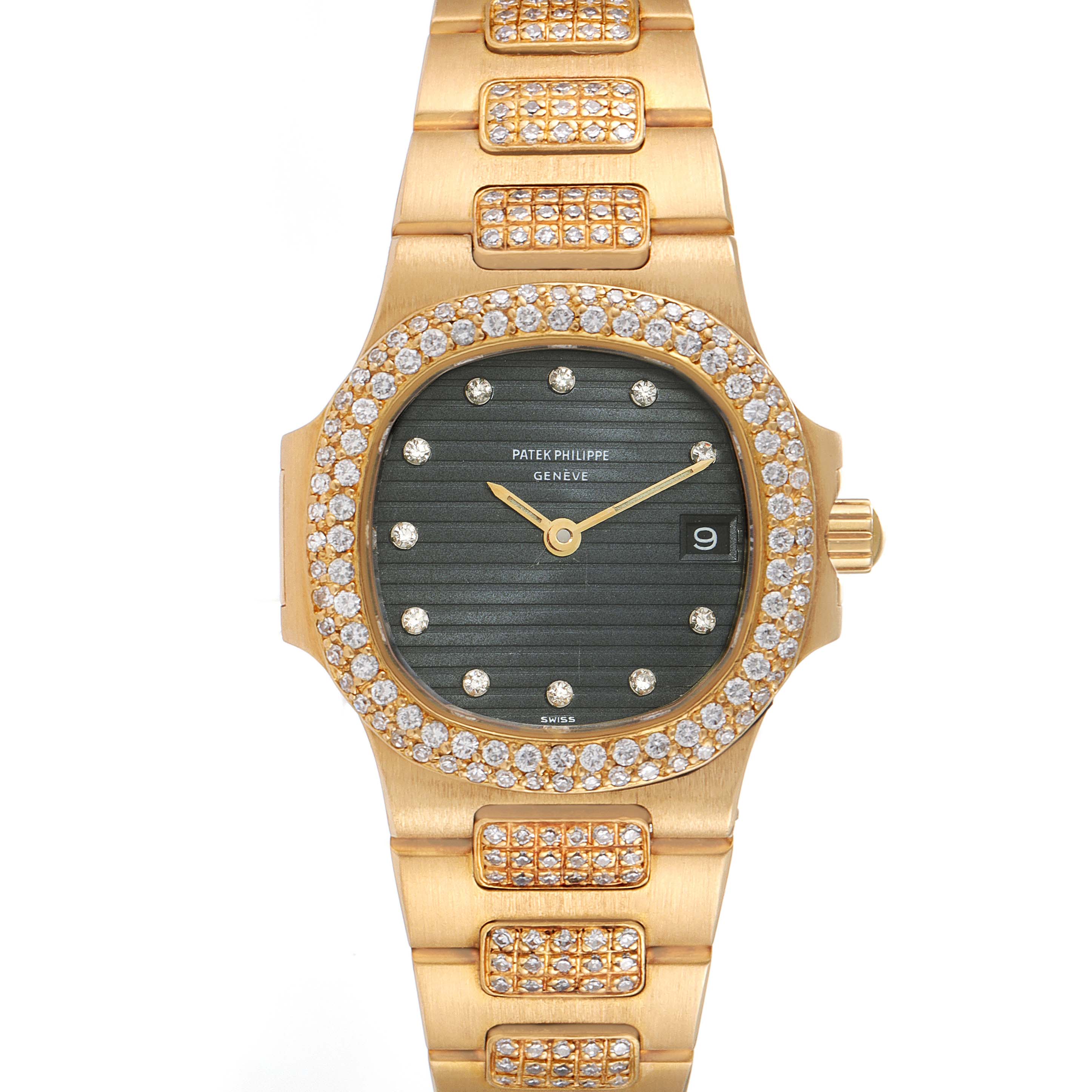 The image shows a front view of the Nautilus watch by Patek Philippe, featuring a gold case, diamond bezel, and a black textured dial.