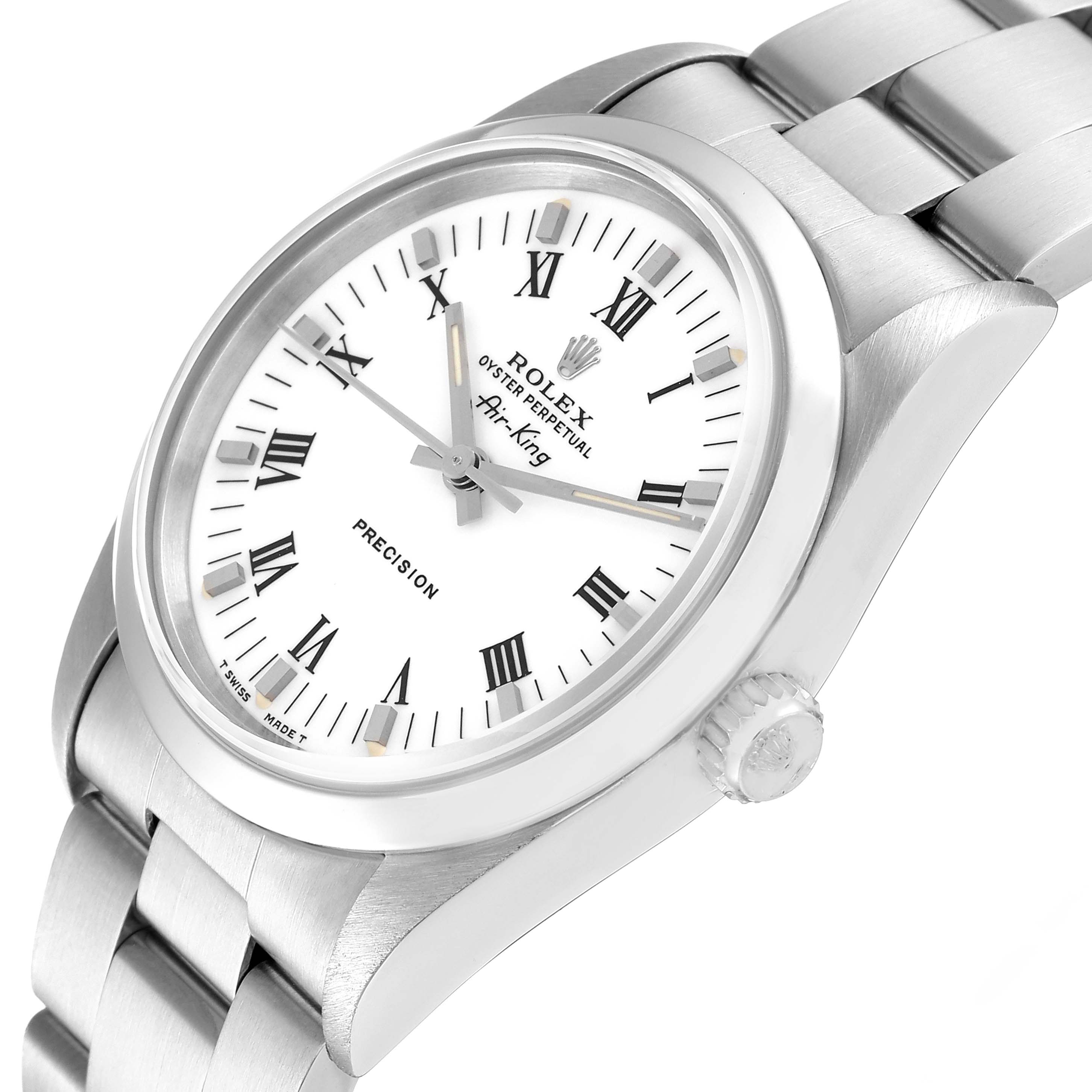 The image shows the Rolex Air-King 14000 Men's Stainless Steel White Dial 14000 Men's Stainless Steel White Dial watch at a slight side angle, showcasing the dial, crown, and part of the bracelet.