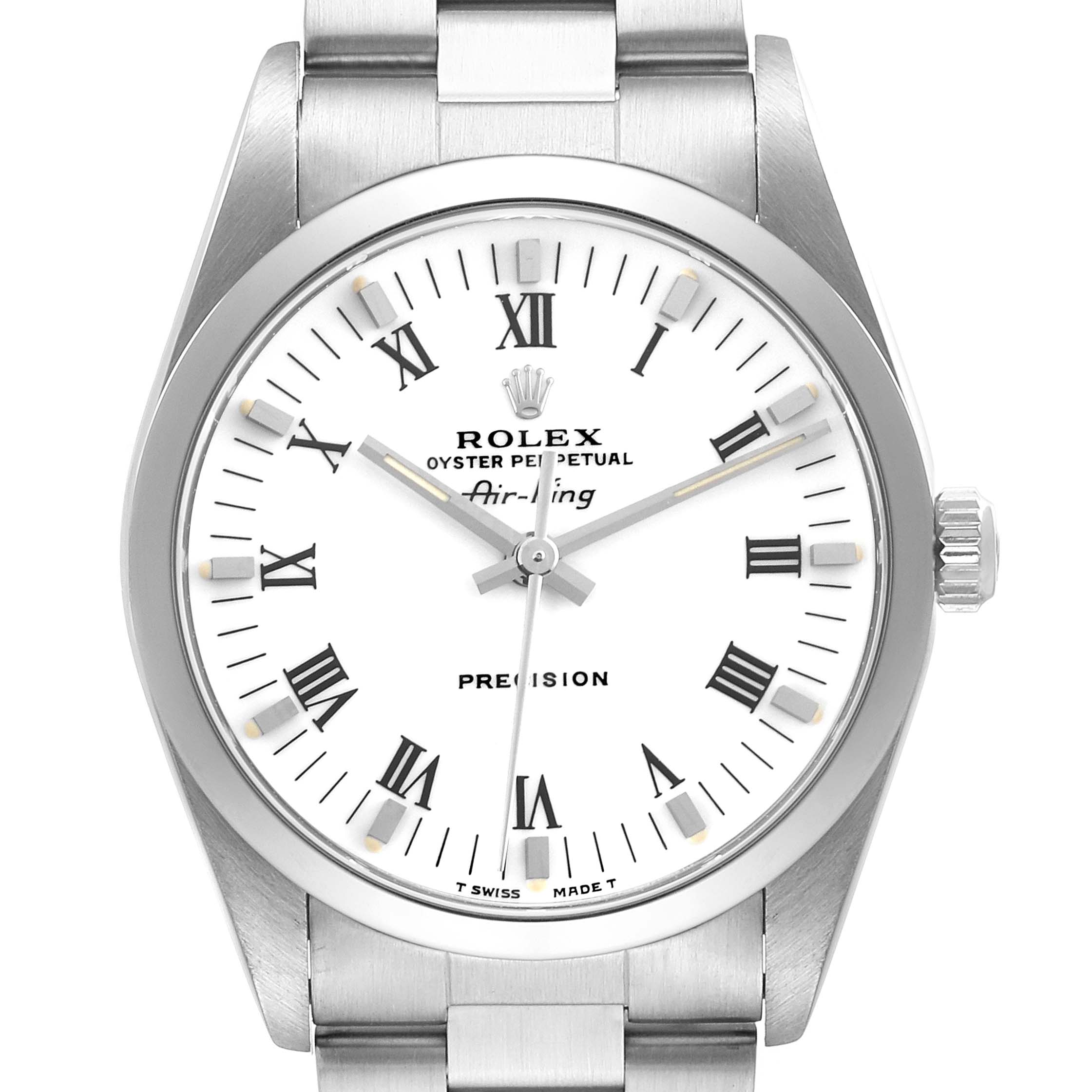 This image shows a frontal view of the Rolex Air-King 14000 Men's Stainless Steel White Dial 14000 Men's Stainless Steel White Dial watch, focusing on the dial, case, and part of the bracelet.