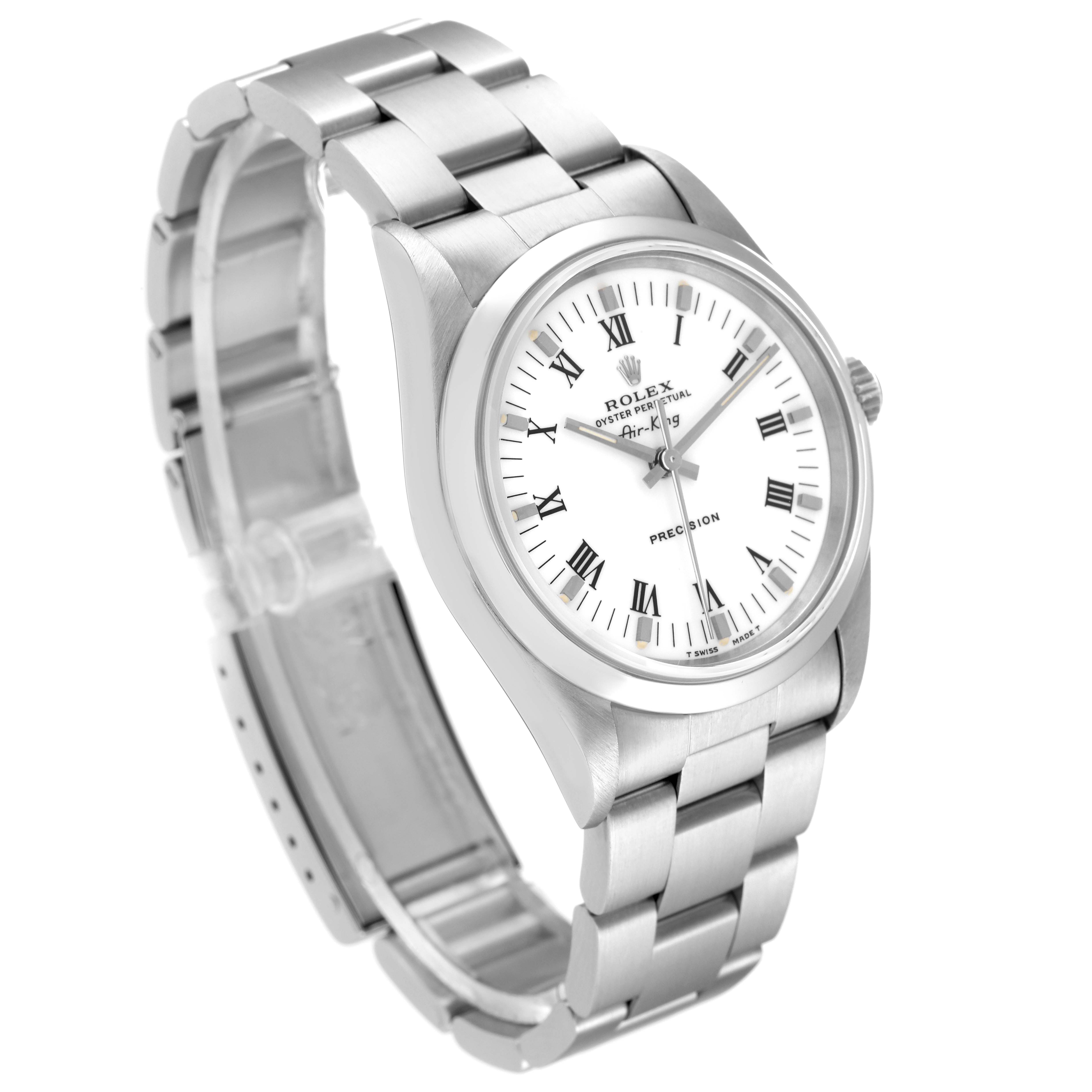 The image shows a Rolex Air-King 14000 Men's Stainless Steel White Dial 14000 Men's Stainless Steel White Dial watch with a silver bracelet, viewed at a slight right side angle.