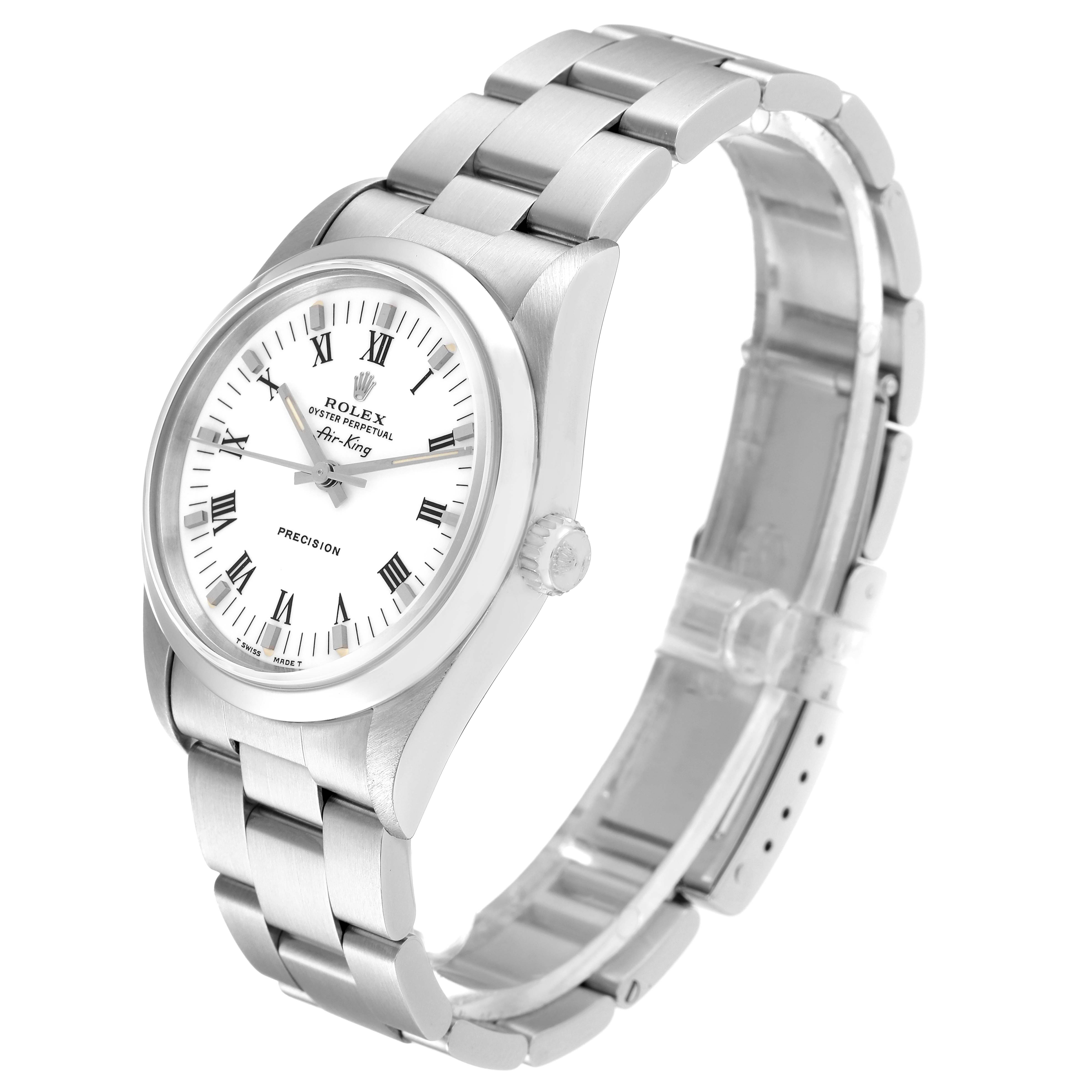 The image shows a Rolex Air-King 14000 Men's Stainless Steel White Dial 14000 Men's Stainless Steel White Dial watch at a slight angle, displaying the watch face, crown, and metal bracelet.