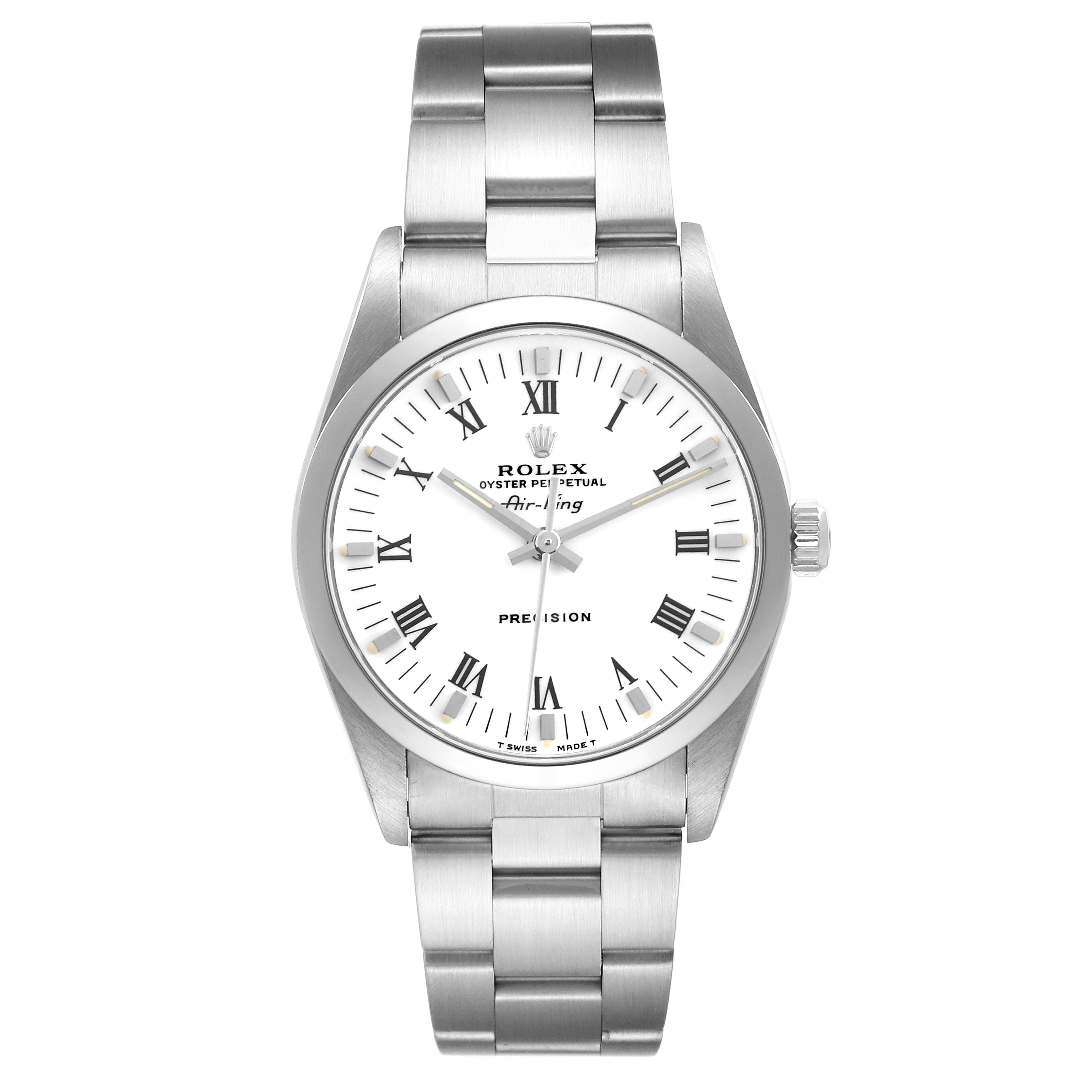 The Rolex Air-King 14000 Men's Stainless Steel White Dial 14000 Men's Stainless Steel White Dial watch is shown from a top-down angle, displaying its white dial, Roman numerals, and metal bracelet.