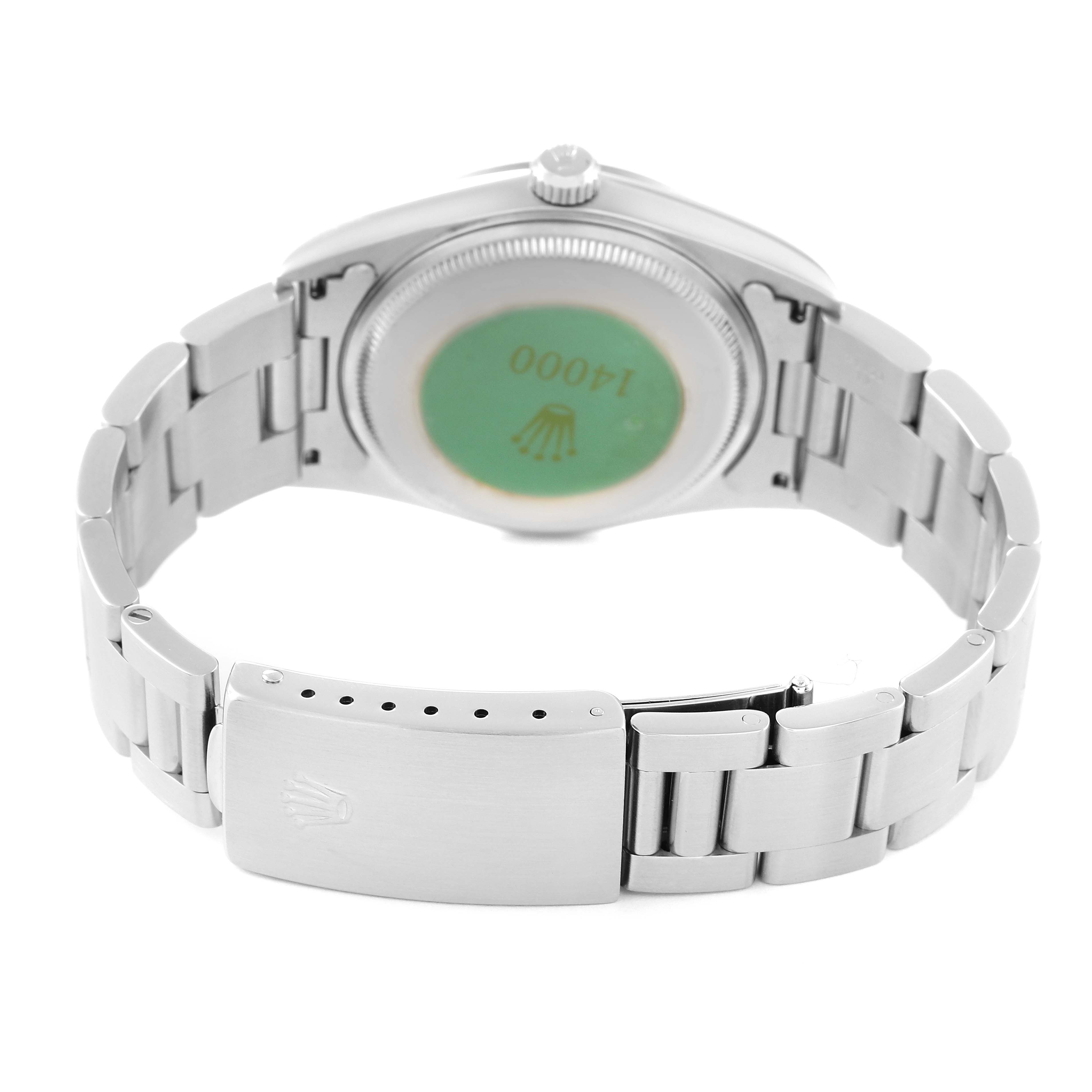 The image shows the backside and bracelet of a Rolex Air-King 14000 Men's Stainless Steel White Dial 14000 Men's Stainless Steel White Dial watch, highlighting the case back and clasp.