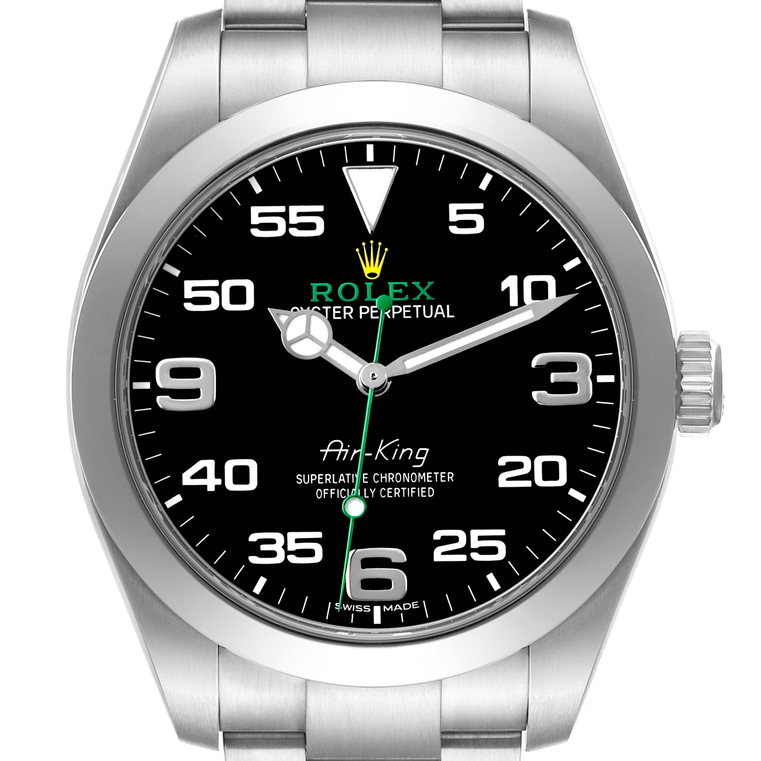 The Rolex Air-King 116900 Men's Stainless Steel Black Dial watch is shown from a front view, highlighting the dial, numerals, hands, and crown.
