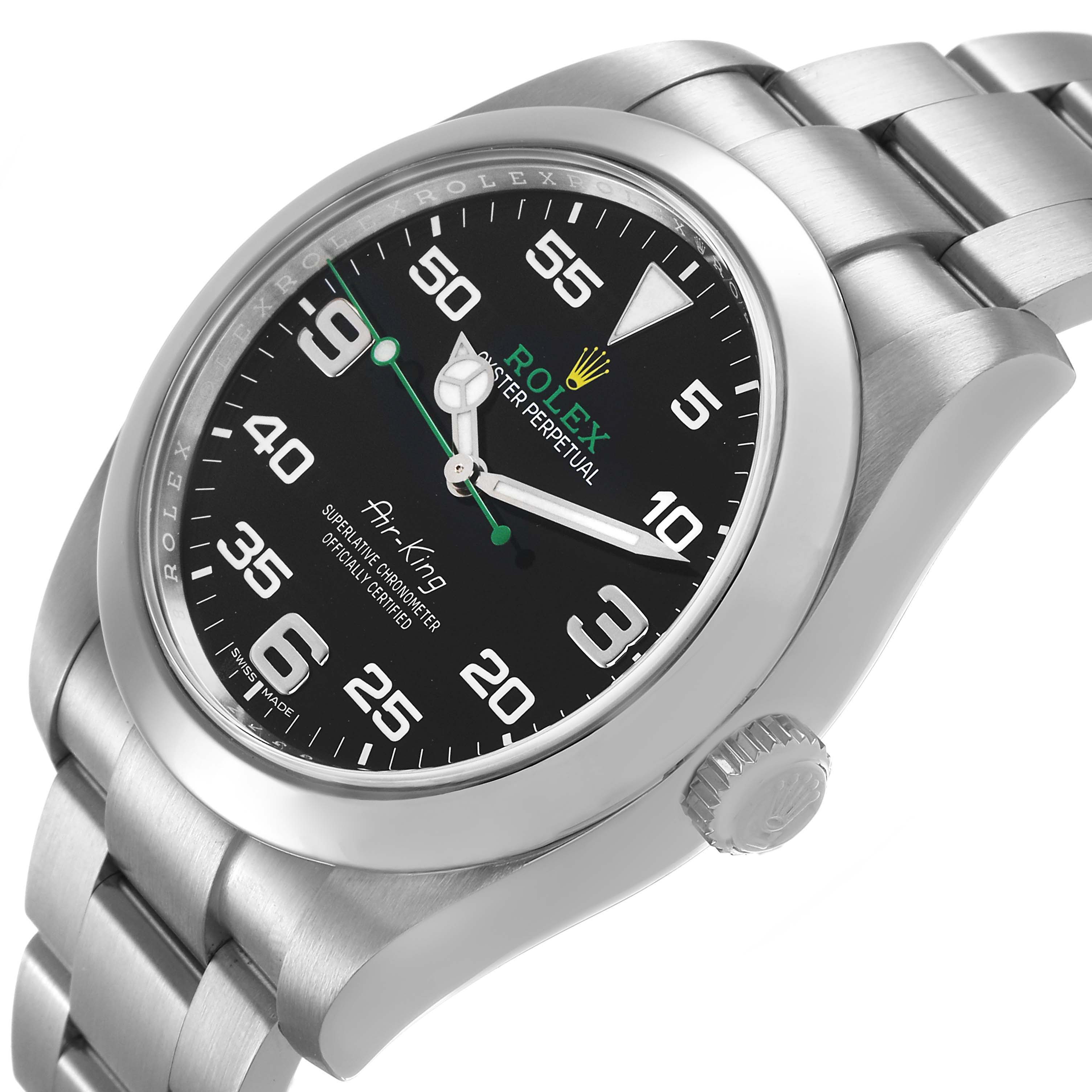 The Rolex Air-King 116900 Men's Stainless Steel Black Dial watch is shown at a slight angle, highlighting the dial, crown, and bracelet.