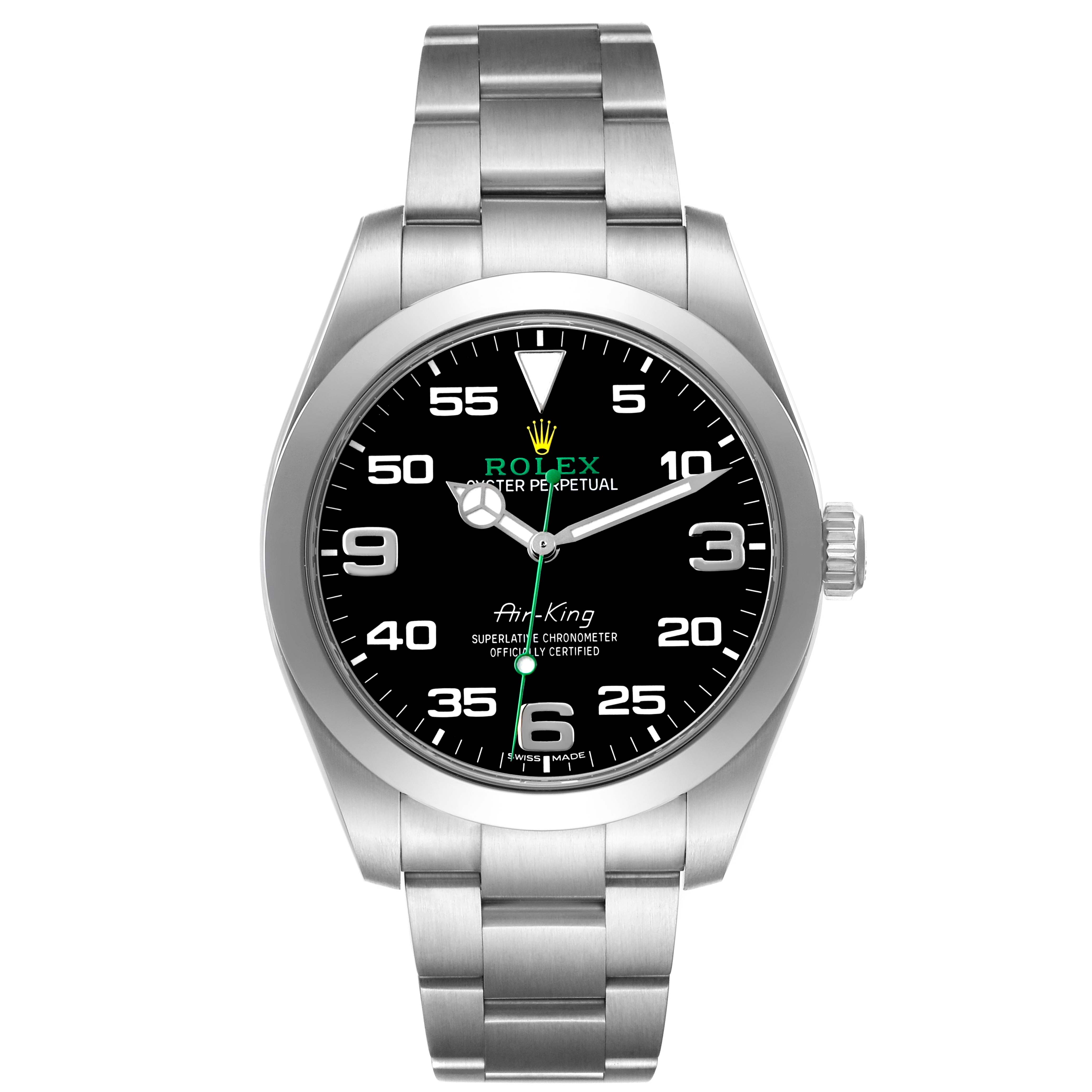 The Rolex Air-King 116900 Men's Stainless Steel Black Dial watch is shown from a front angle, displaying the dial, bezel, bracelet, and crown.