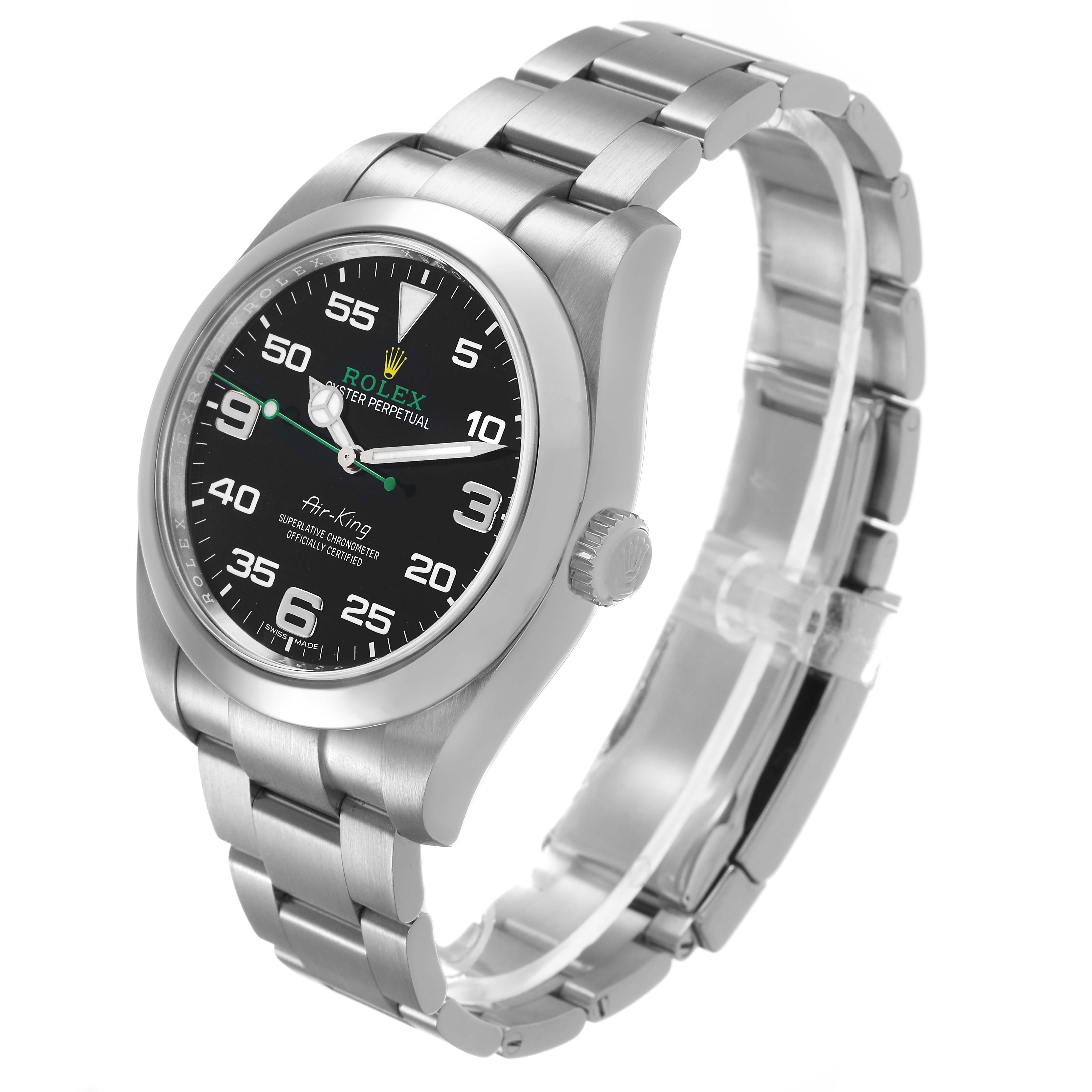 The Rolex Air-King 116900 Men's Stainless Steel Black Dial watch is shown at a three-quarter angle, highlighting the face, crown, and stainless steel bracelet.
