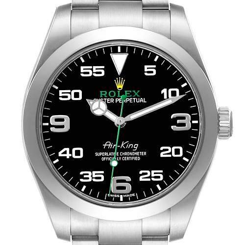 The image shows a front view of a Rolex Air-King 116900 Men's Stainless Steel Black Dial watch, highlighting the dial, hands, bezel, and bracelet.