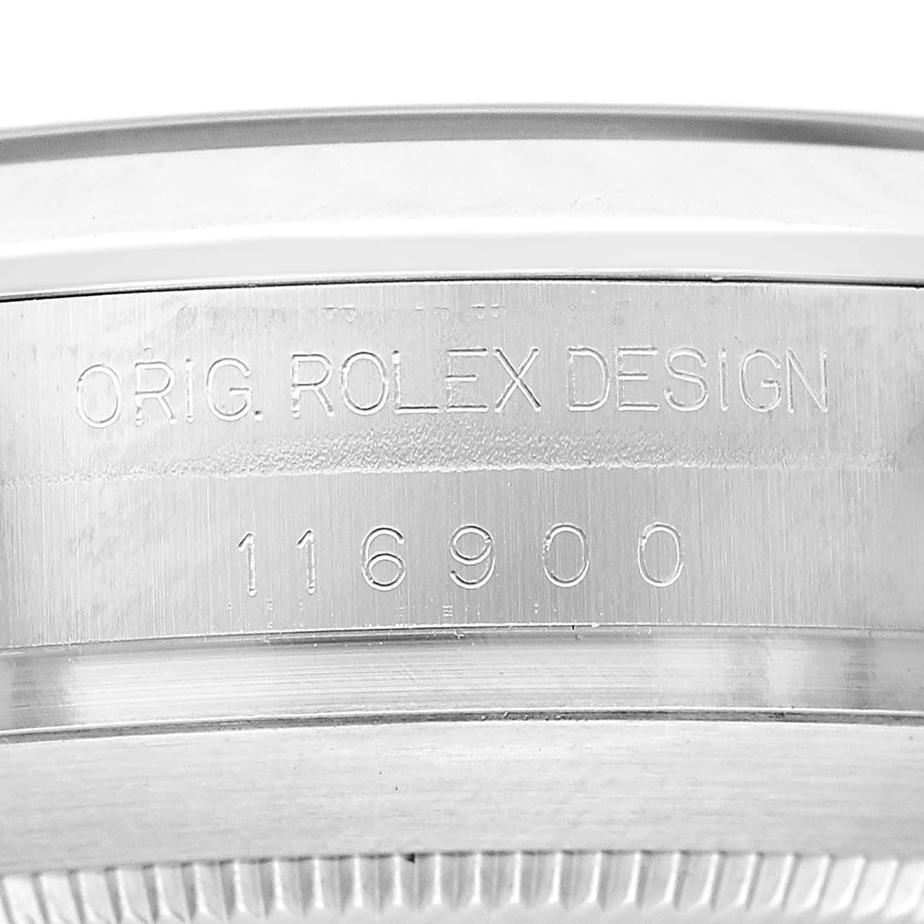 The image shows the engraved side view of a Rolex Air-King 116900 Men's Stainless Steel Black Dial model, featuring the design and model number.