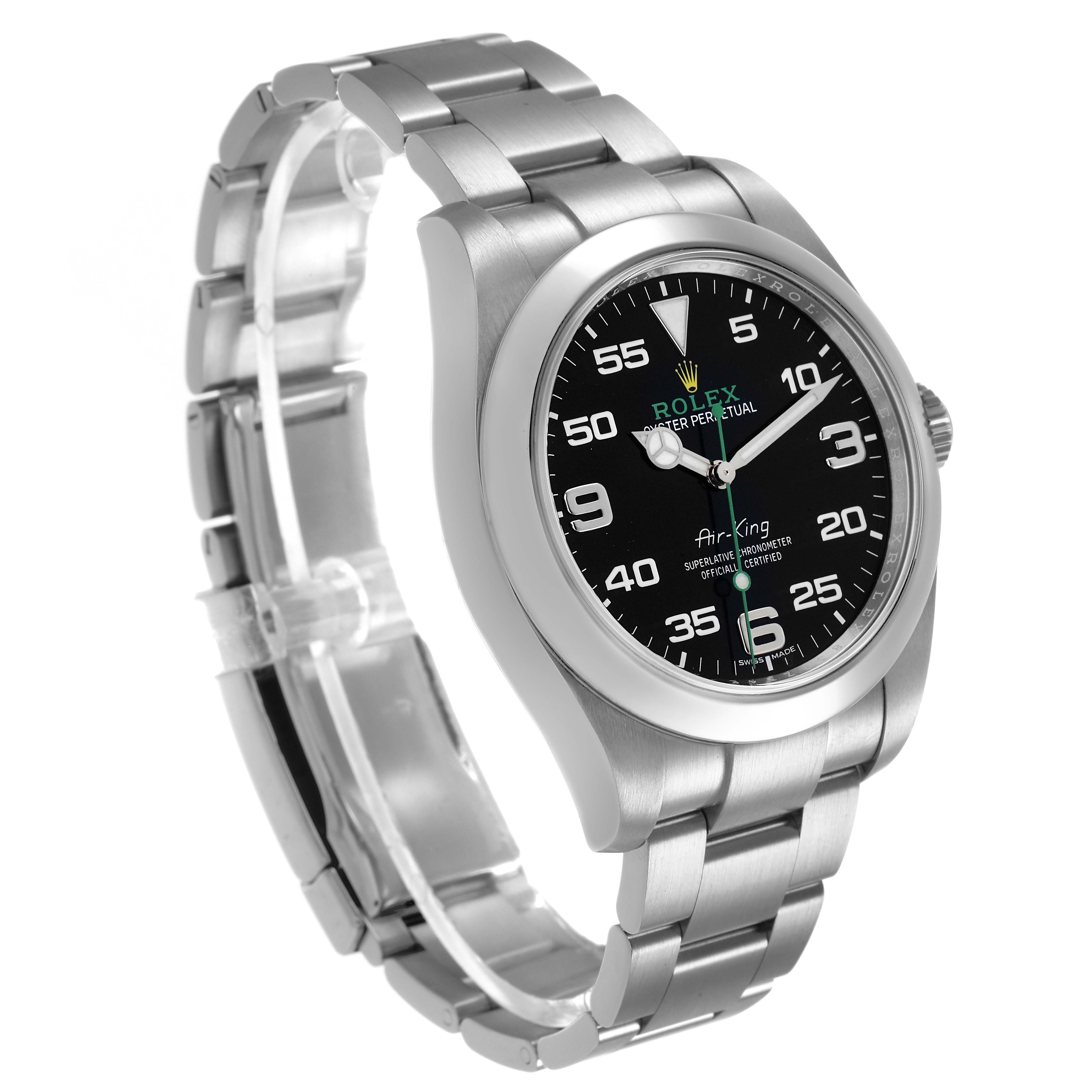 The Rolex Air-King 116900 Men's Stainless Steel Black Dial watch is shown at a slight angle displaying the face, bezel, crown, and part of the bracelet.