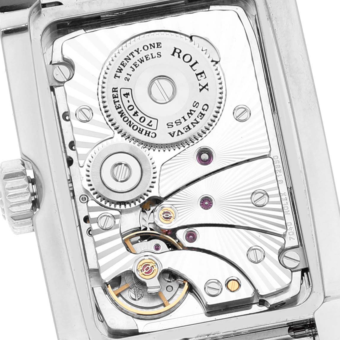 The image shows the back case and inner mechanical components of a Rolex Cellini 5443/9 Men's White Gold Black Dial 5443/9 Men's White Gold Black Dial watch at a close-up angle.