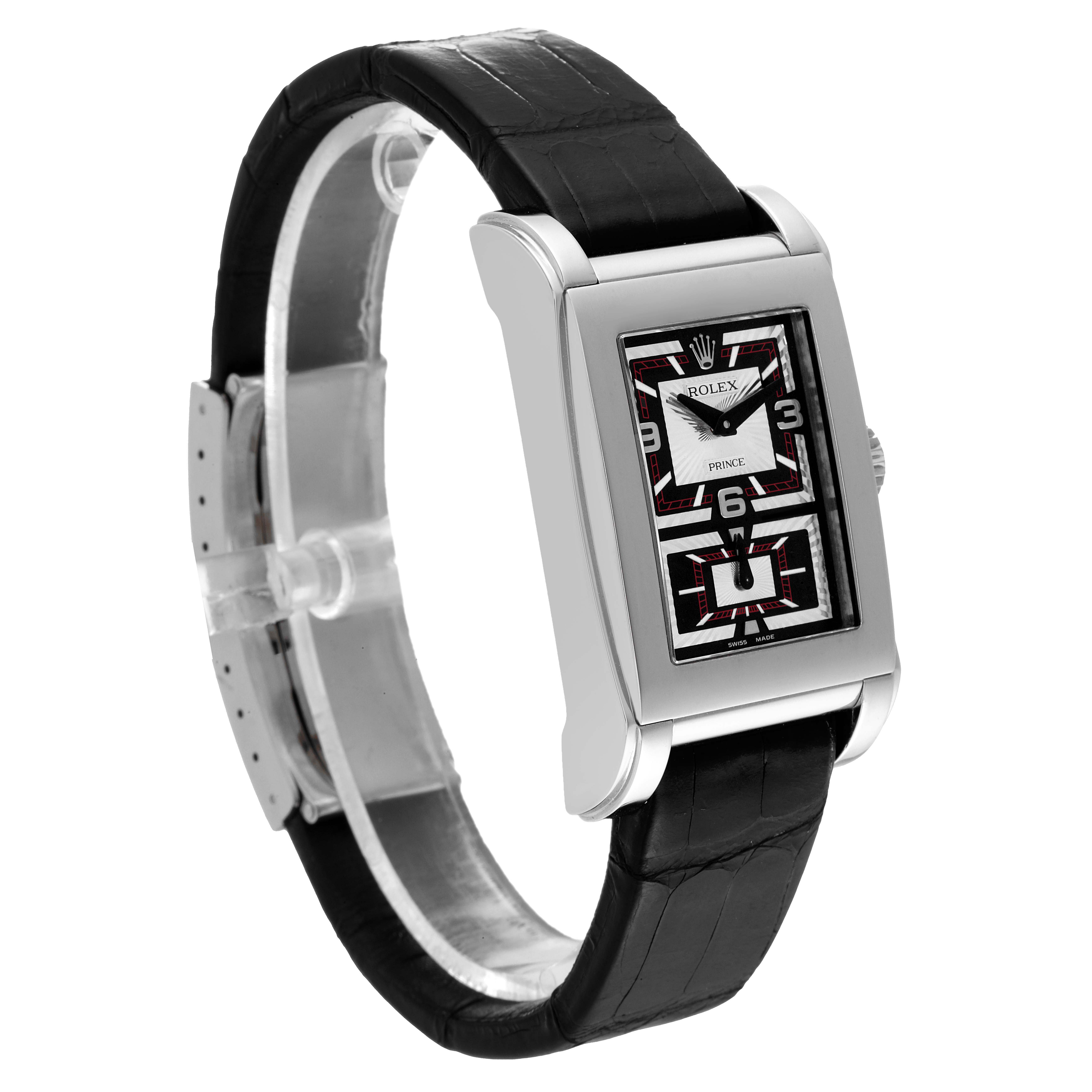 The Rolex Cellini 5443/9 Men's White Gold Black Dial 5443/9 Men's White Gold Black Dial watch is shown at a slight side-angle, highlighting its rectangular dial, black leather strap, and silver case.