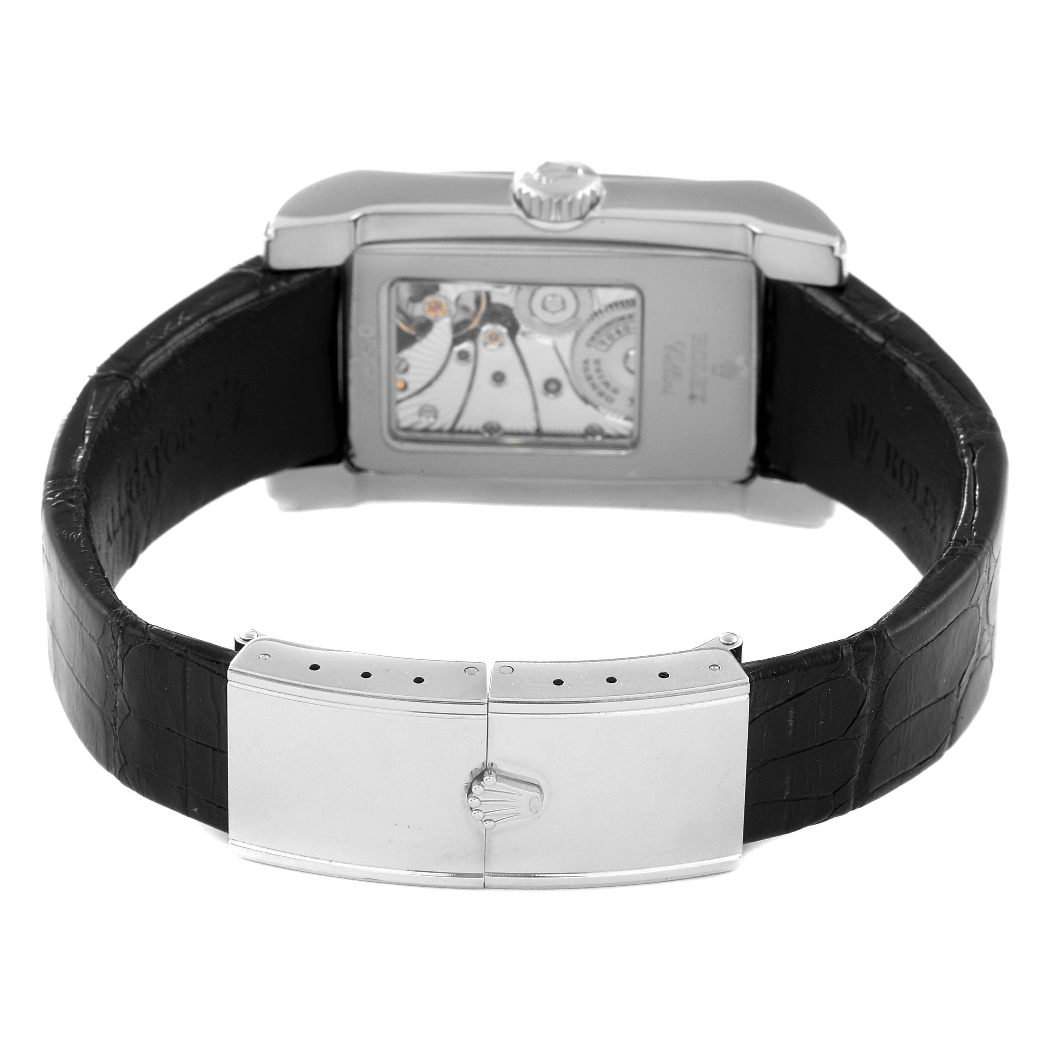 The image shows the back and clasp of a Rolex Cellini 5443/9 Men's White Gold Black Dial 5443/9 Men's White Gold Black Dial watch, highlighting its case back and black leather strap.