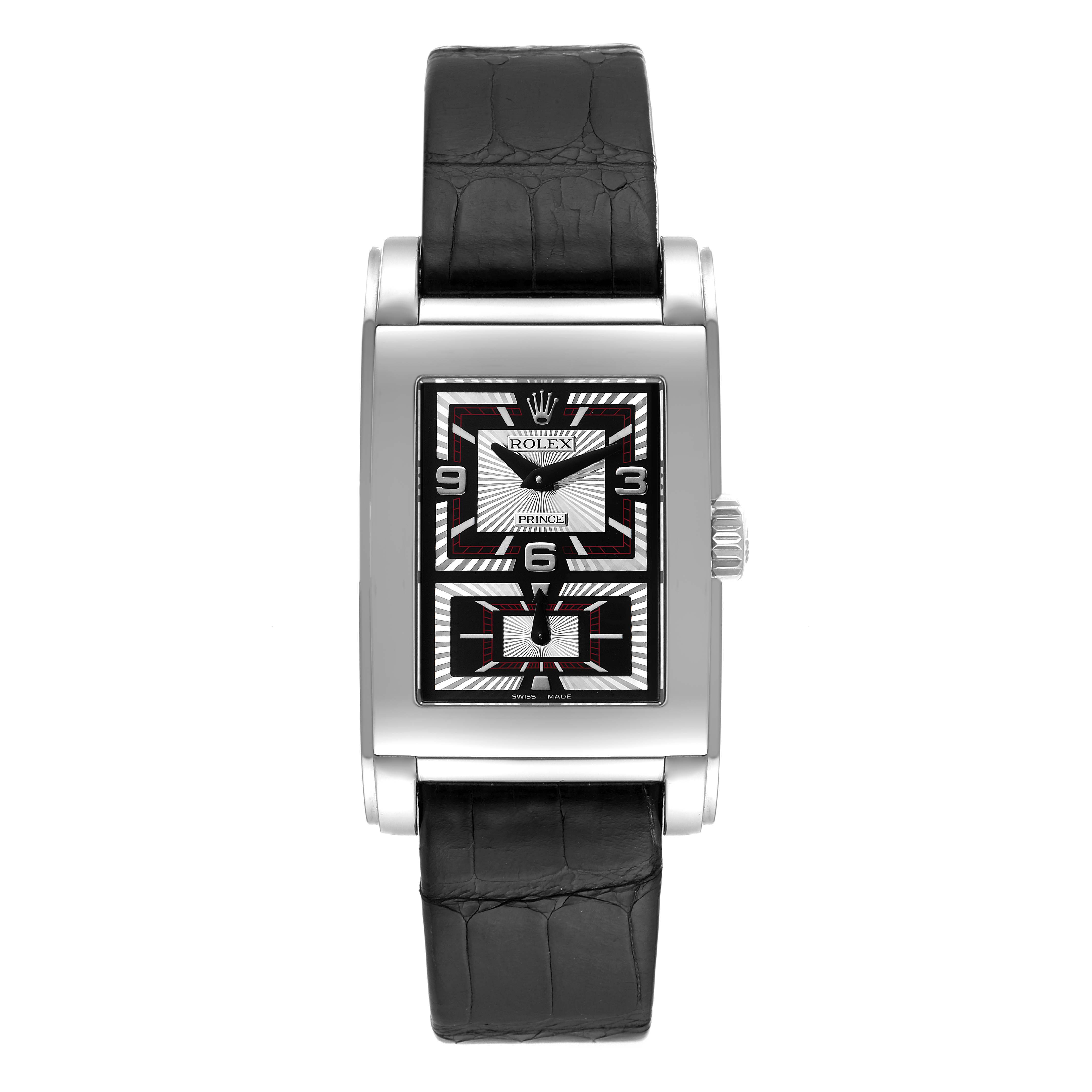 The image shows a front view of a Rolex Cellini 5443/9 Men's White Gold Black Dial 5443/9 Men's White Gold Black Dial watch with a rectangular dial and a black leather strap.