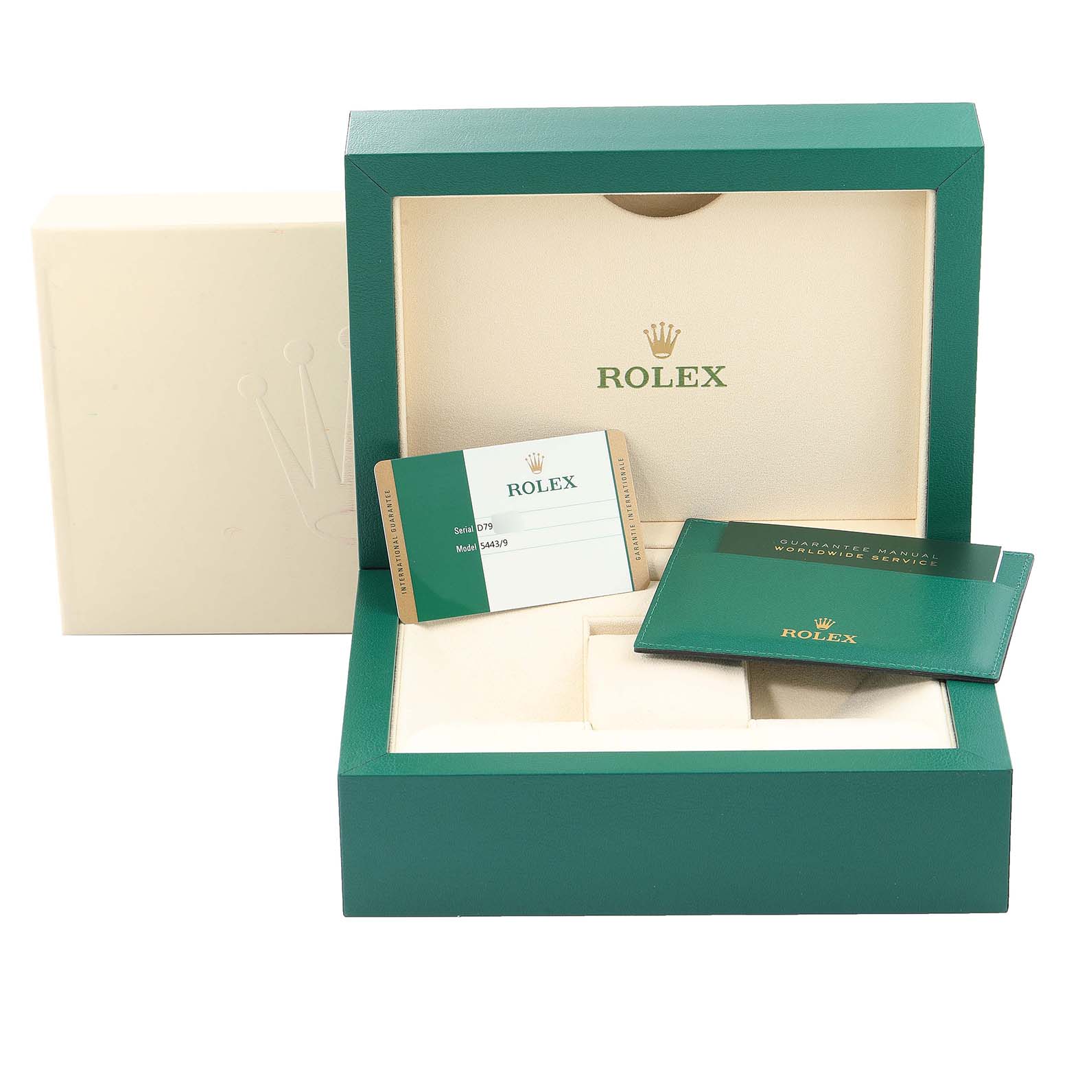 The image shows a Rolex Cellini 5443/9 Men's White Gold Black Dial 5443/9 Men's White Gold Black Dial watch box, including guarantee manuals and a warranty card, viewed from the front.