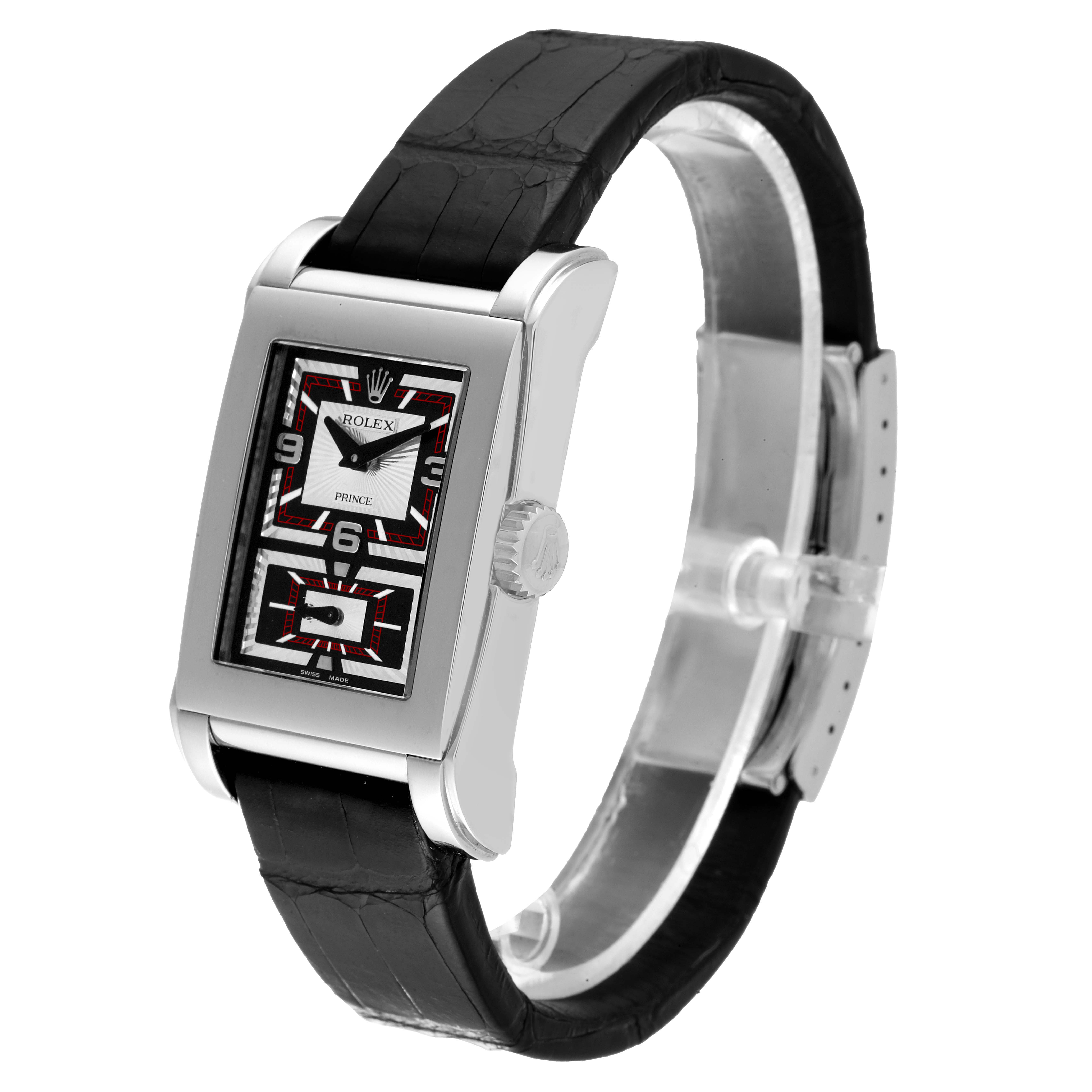 This image shows a Rolex Cellini 5443/9 Men's White Gold Black Dial 5443/9 Men's White Gold Black Dial watch angled to display the face, crown, and leather strap.