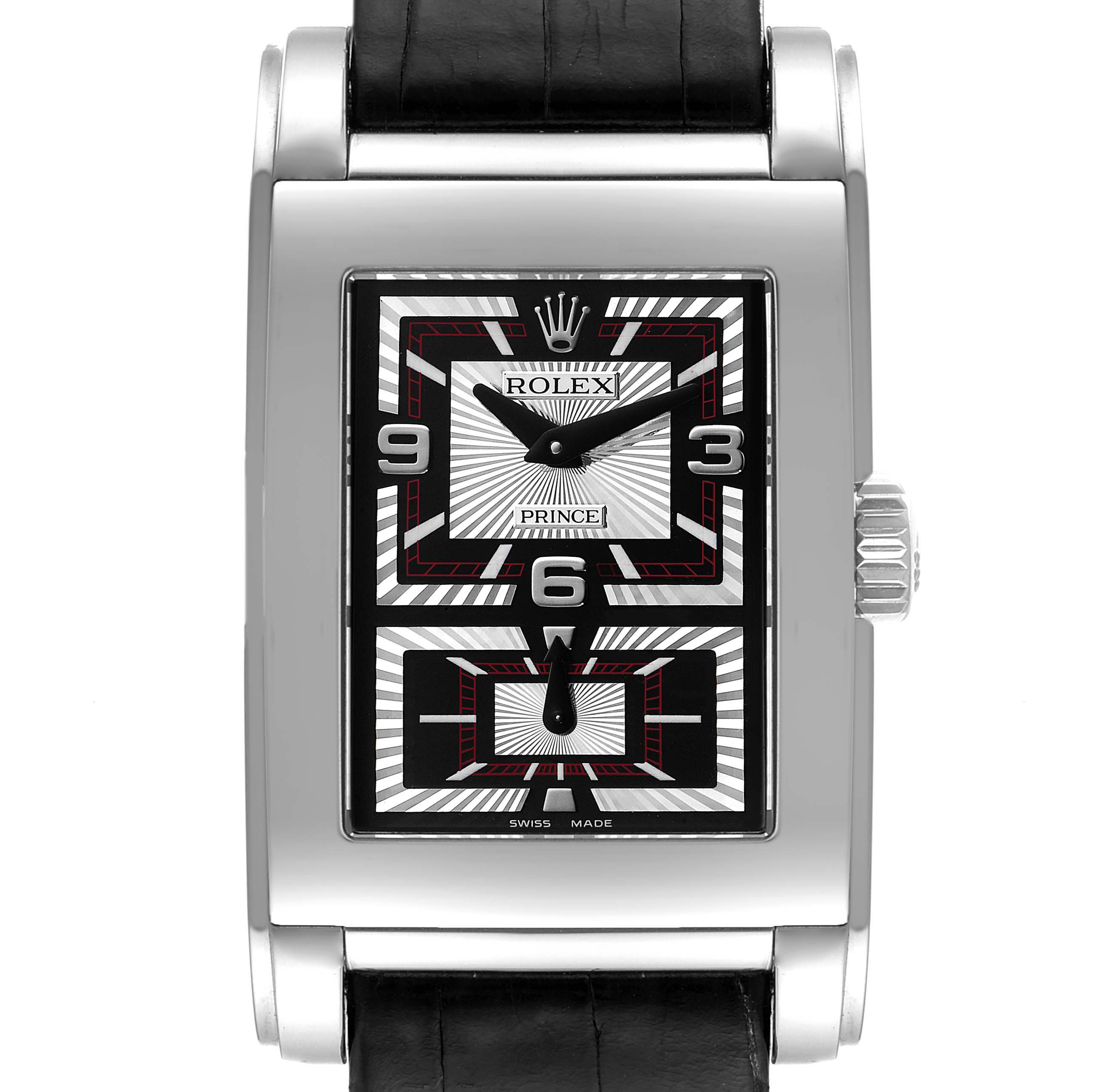 The image shows a frontal view of the dial and crown of the Rolex Cellini 5443/9 Men's White Gold Black Dial 5443/9 Men's White Gold Black Dial Prince model with a leather strap.