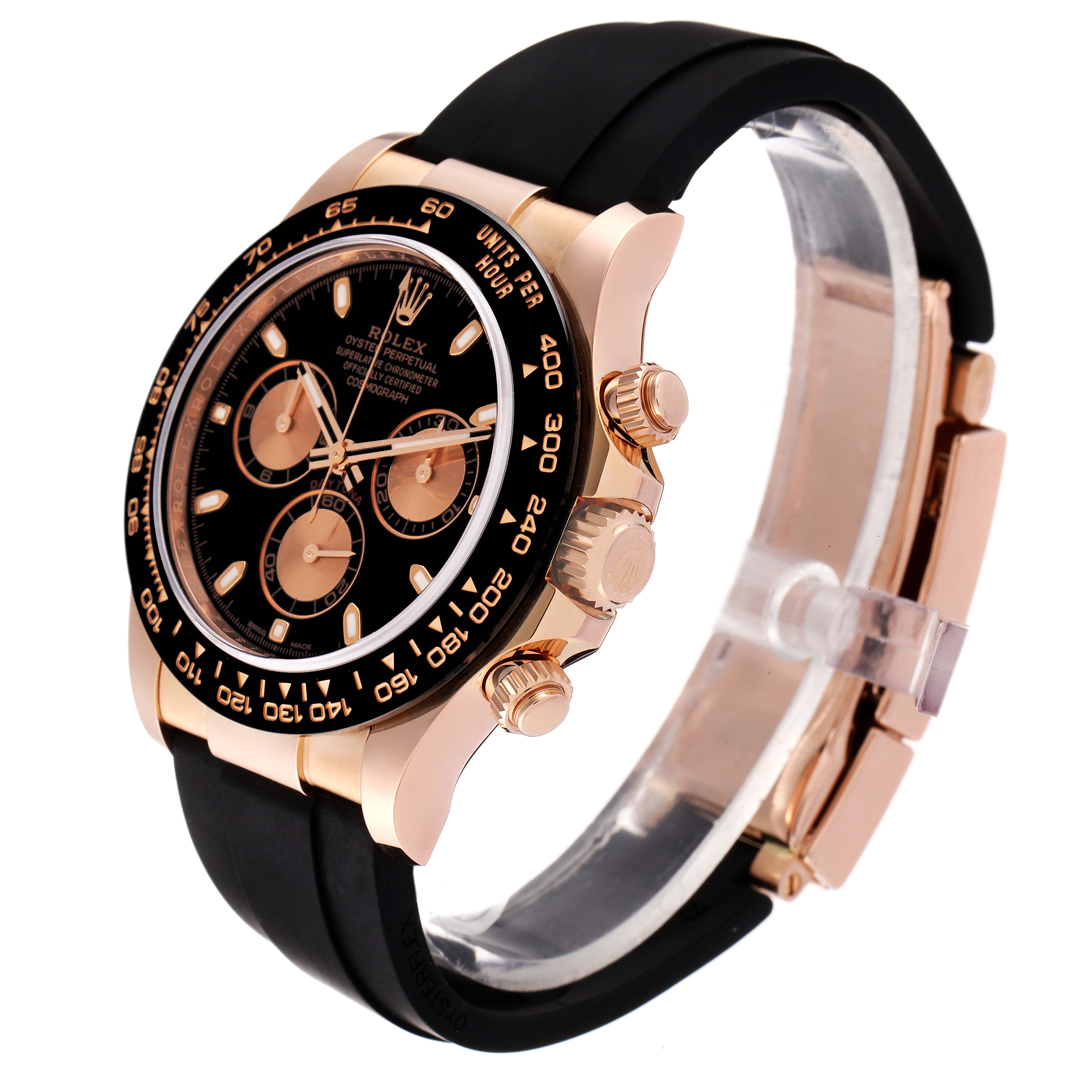 The Rolex Daytona 116515LN Men's Rose Gold Black Dial 116515LN Men's Rose Gold Black Dial watch is shown at an angled side view, displaying its face, bezel, side buttons, and band.