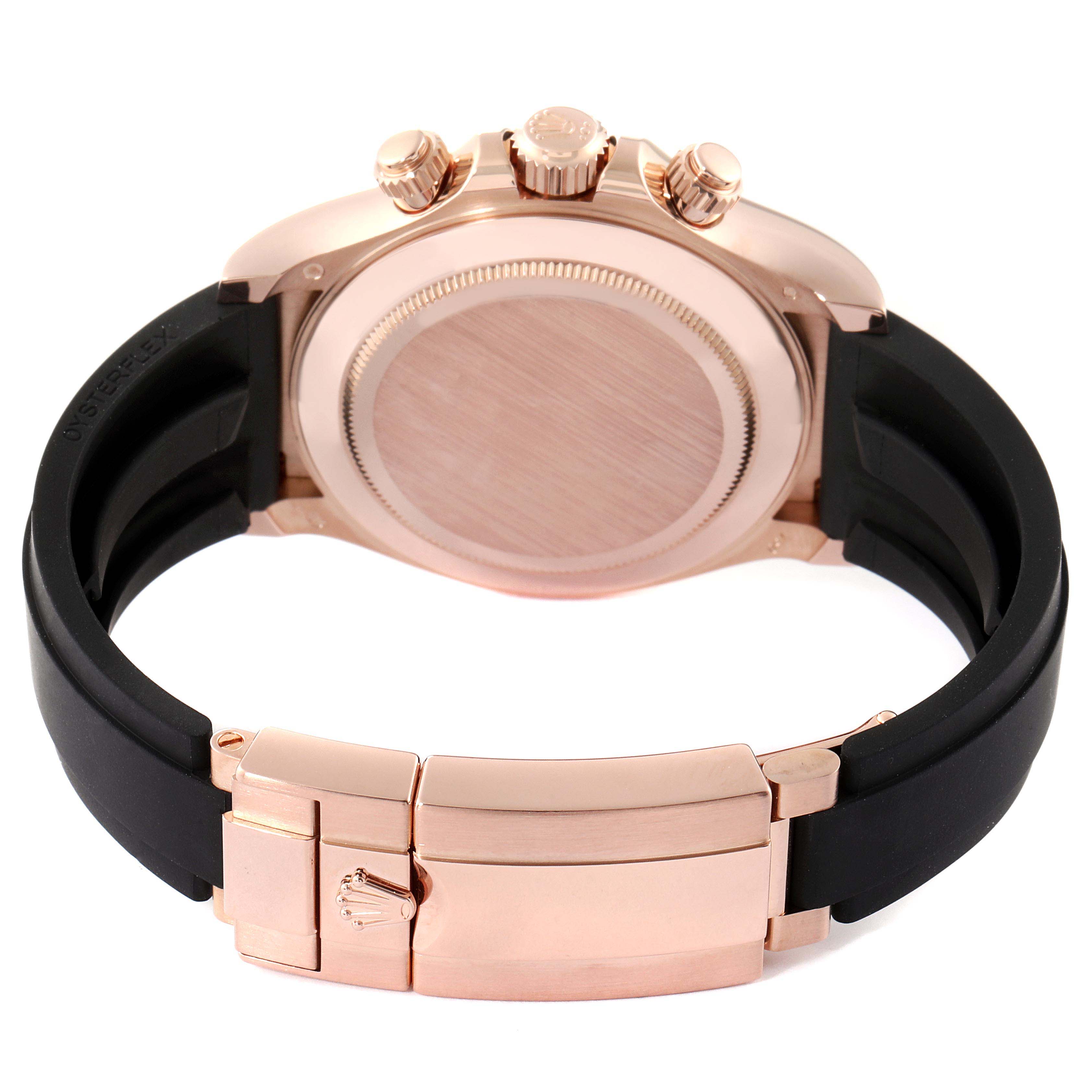 The image shows the back side of a Rolex Daytona 116515LN Men's Rose Gold Black Dial 116515LN Men's Rose Gold Black Dial watch, focusing on the case, crown, pushers, and clasp.