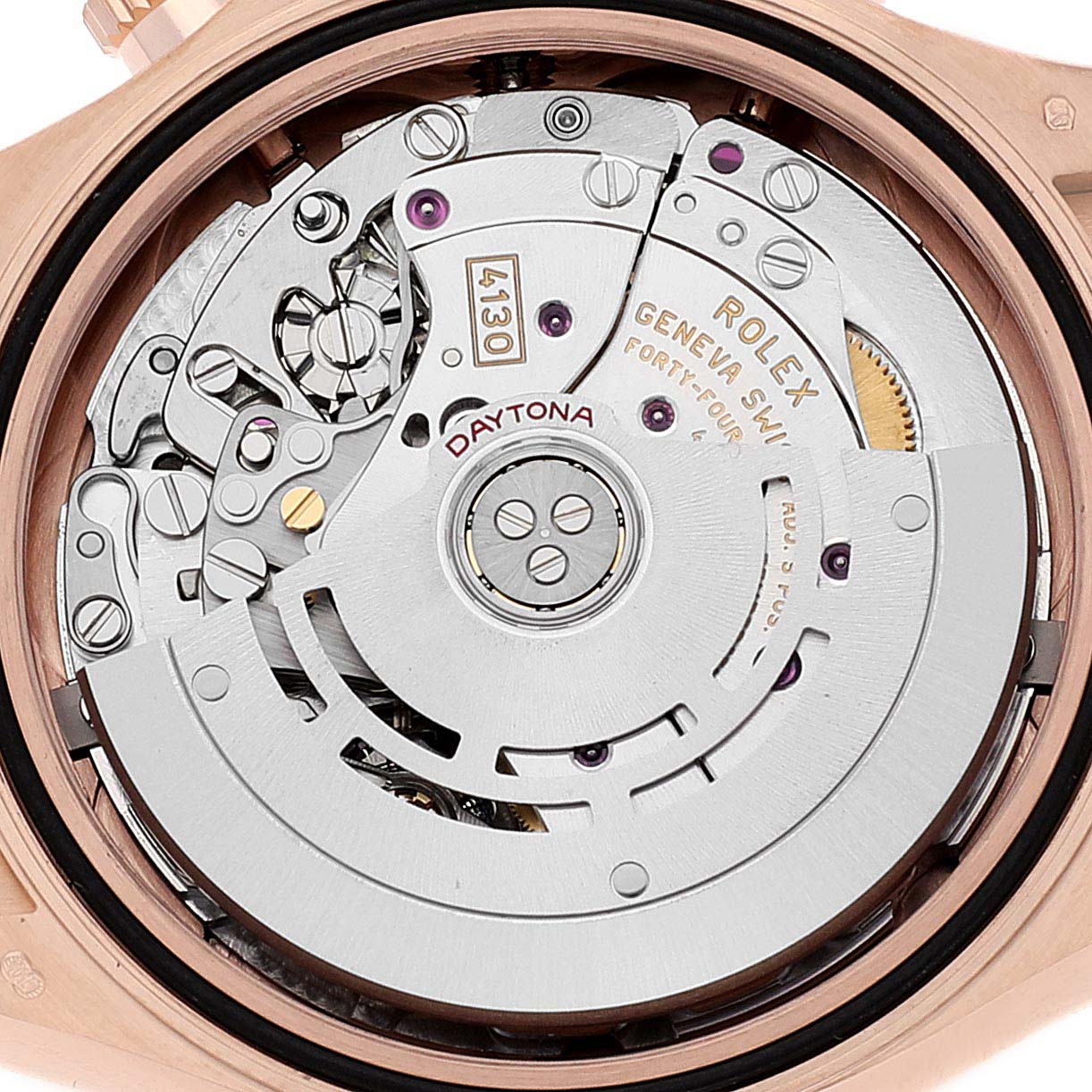 This image shows the movement and intricate mechanisms of the Rolex Daytona 116515LN Men's Rose Gold Black Dial 116515LN Men's Rose Gold Black Dial watch from a back angle.