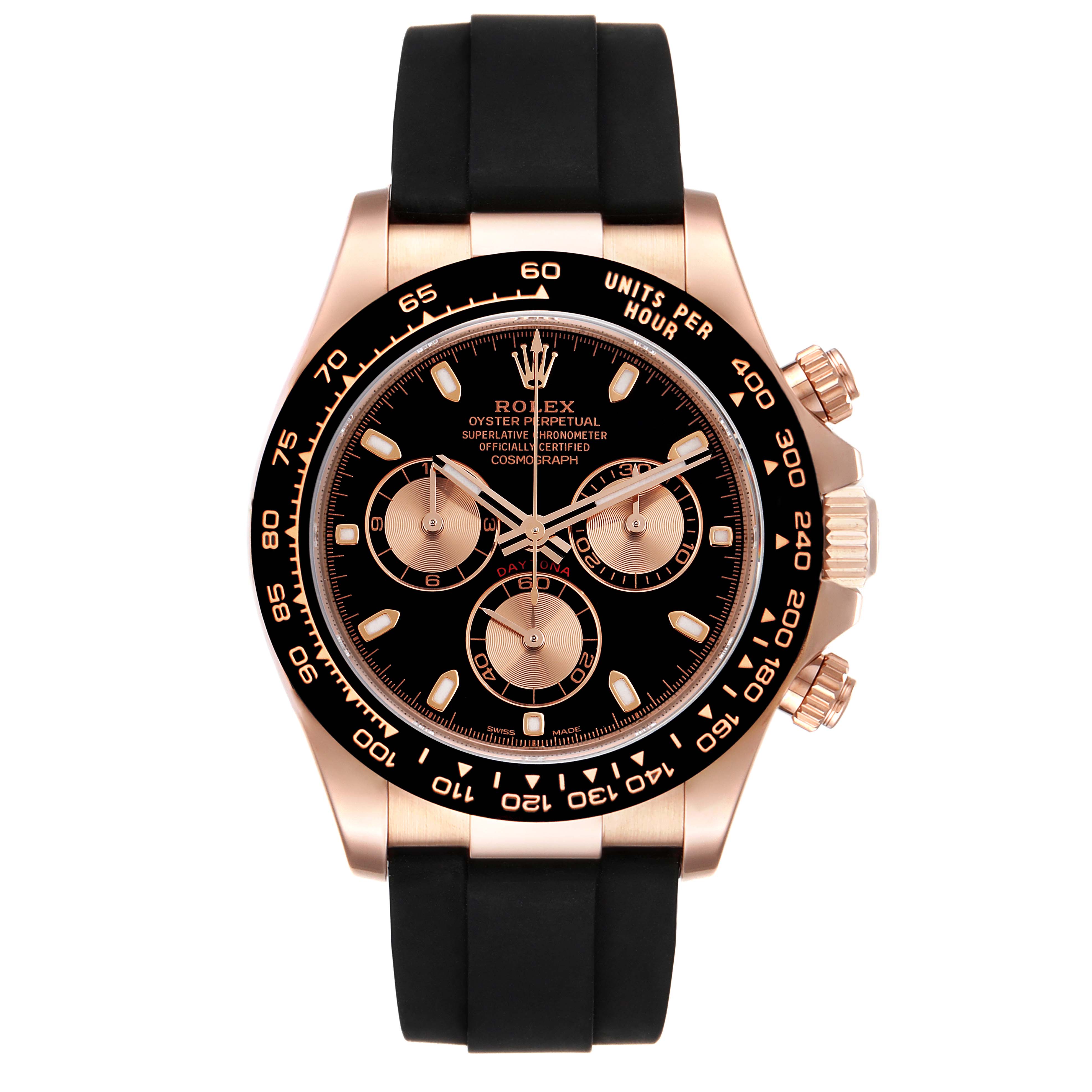 The image shows a full frontal view of a Rolex Daytona 116515LN Men's Rose Gold Black Dial 116515LN Men's Rose Gold Black Dial watch with a black dial and a black strap.