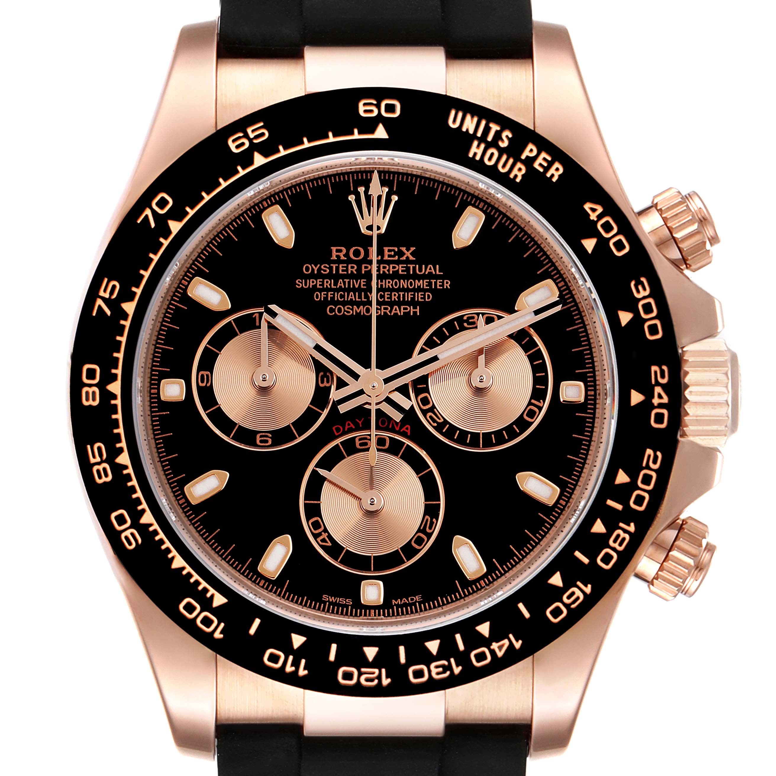 The image shows a frontal view of a Rolex Daytona 116515LN Men's Rose Gold Black Dial 116515LN Men's Rose Gold Black Dial watch, displaying its dial, bezel, pushers, and strap.