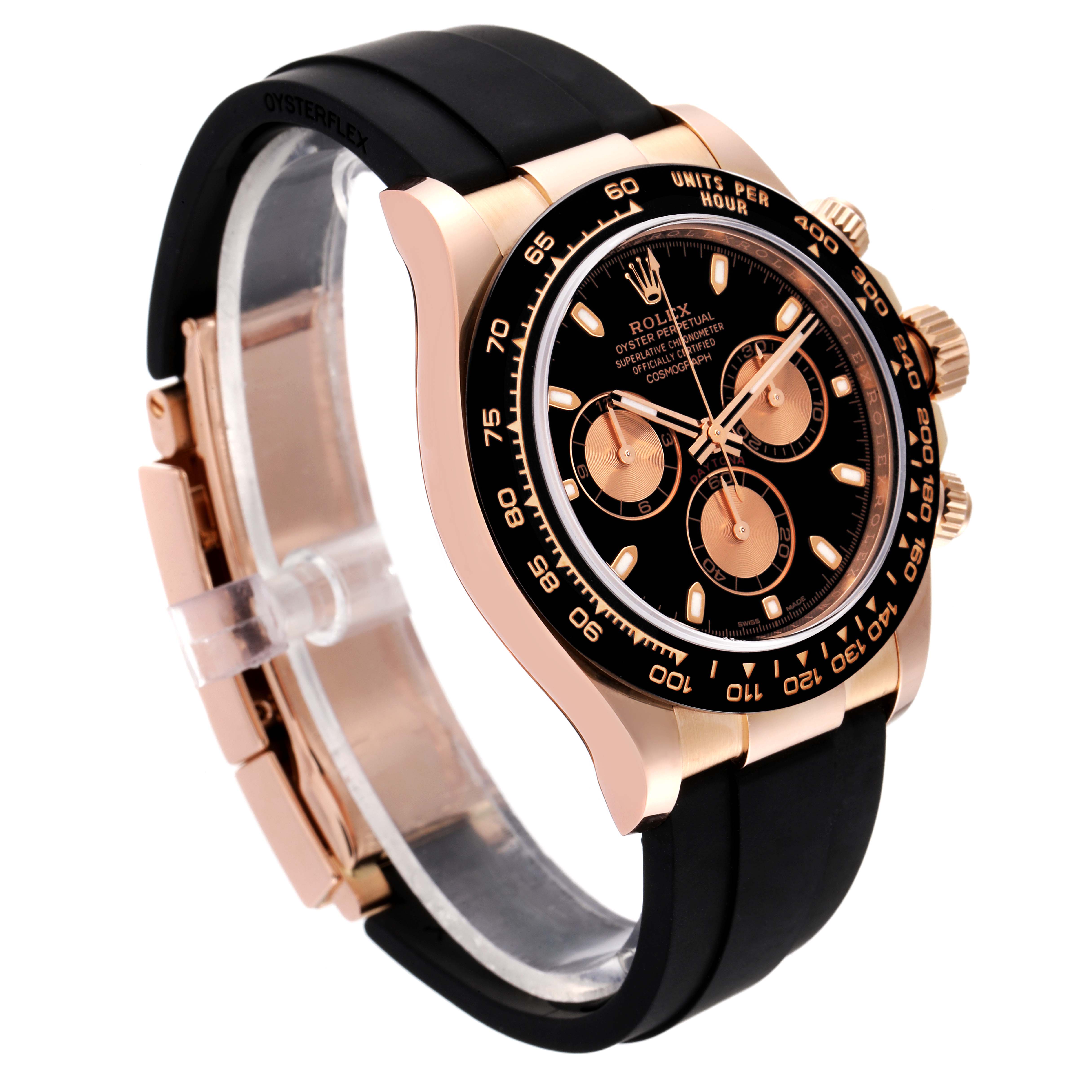 This Rolex Daytona 116515LN Men's Rose Gold Black Dial 116515LN Men's Rose Gold Black Dial watch is shown at an angle displaying the face, bezel, and part of the strap.