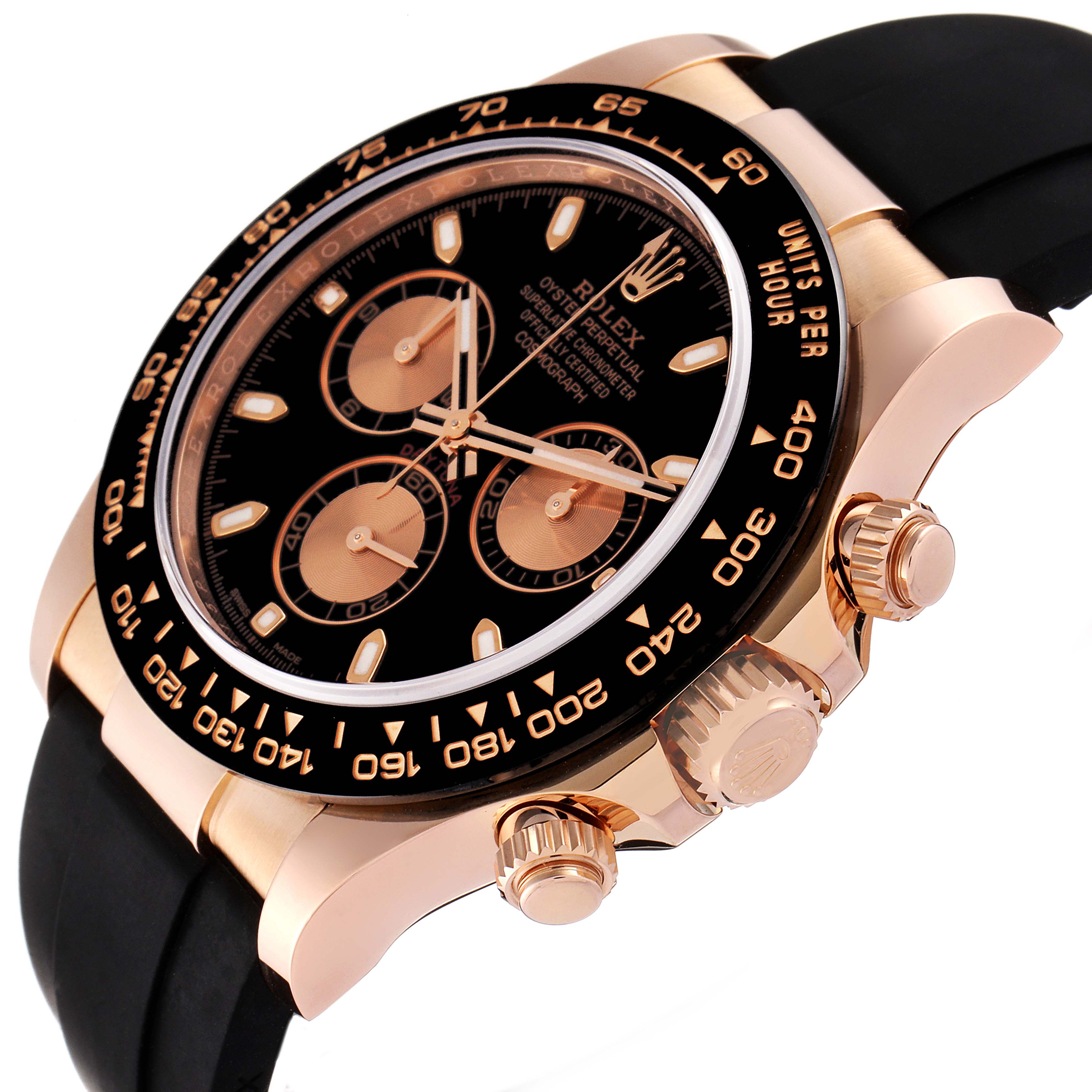 This image shows a close-up, angled view of the Rolex Daytona 116515LN Men's Rose Gold Black Dial 116515LN Men's Rose Gold Black Dial watch, including its face, bezel, and crown.