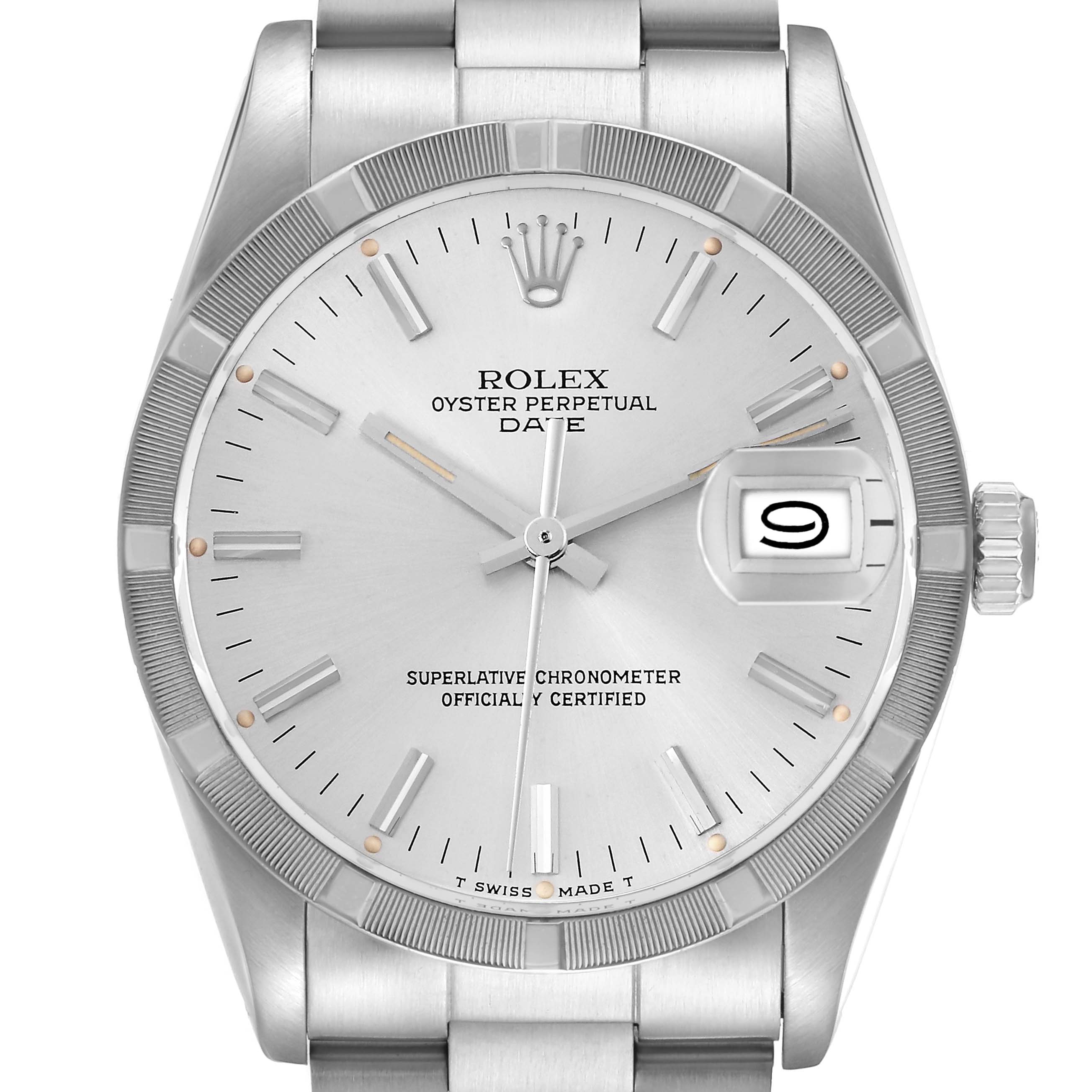The image shows a Rolex Date 15010 Men's Stainless Steel Silver Dial 15010 Men's Stainless Steel Silver Dial watch from a front angle, highlighting the dial, hands, crown, bracelet, and date window.