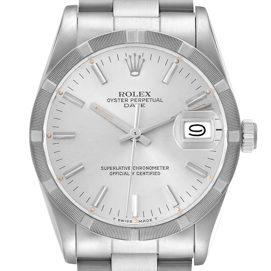 The image shows a Rolex Date watch from a front angle, highlighting the dial, hands, crown, bracelet, and date window.