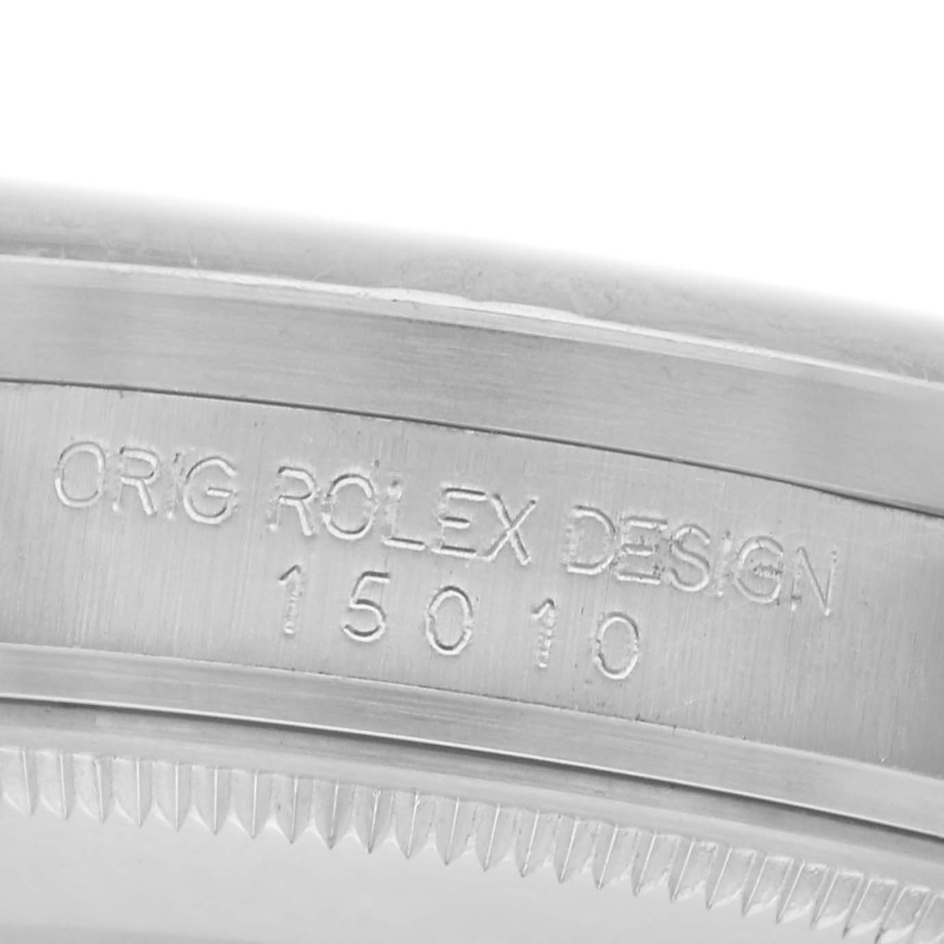 The image shows a close-up of the side engraving on the case of a Rolex Date 15010 Men's Stainless Steel Silver Dial 15010 Men's Stainless Steel Silver Dial model, displaying the model number "15010."