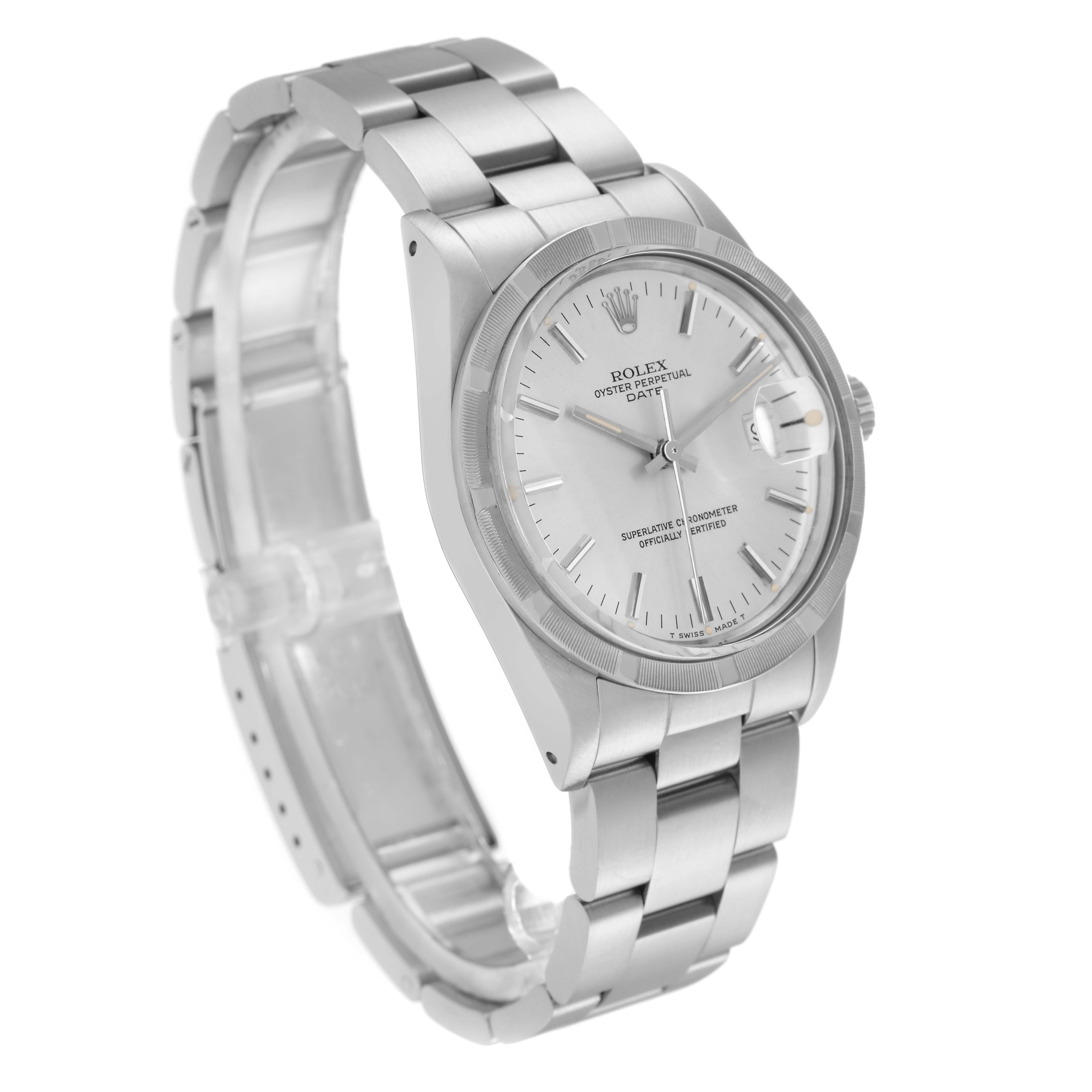 The Rolex Date 15010 Men's Stainless Steel Silver Dial 15010 Men's Stainless Steel Silver Dial model watch is shown from an angled side view, highlighting the dial, bezel, bracelet, and crown.
