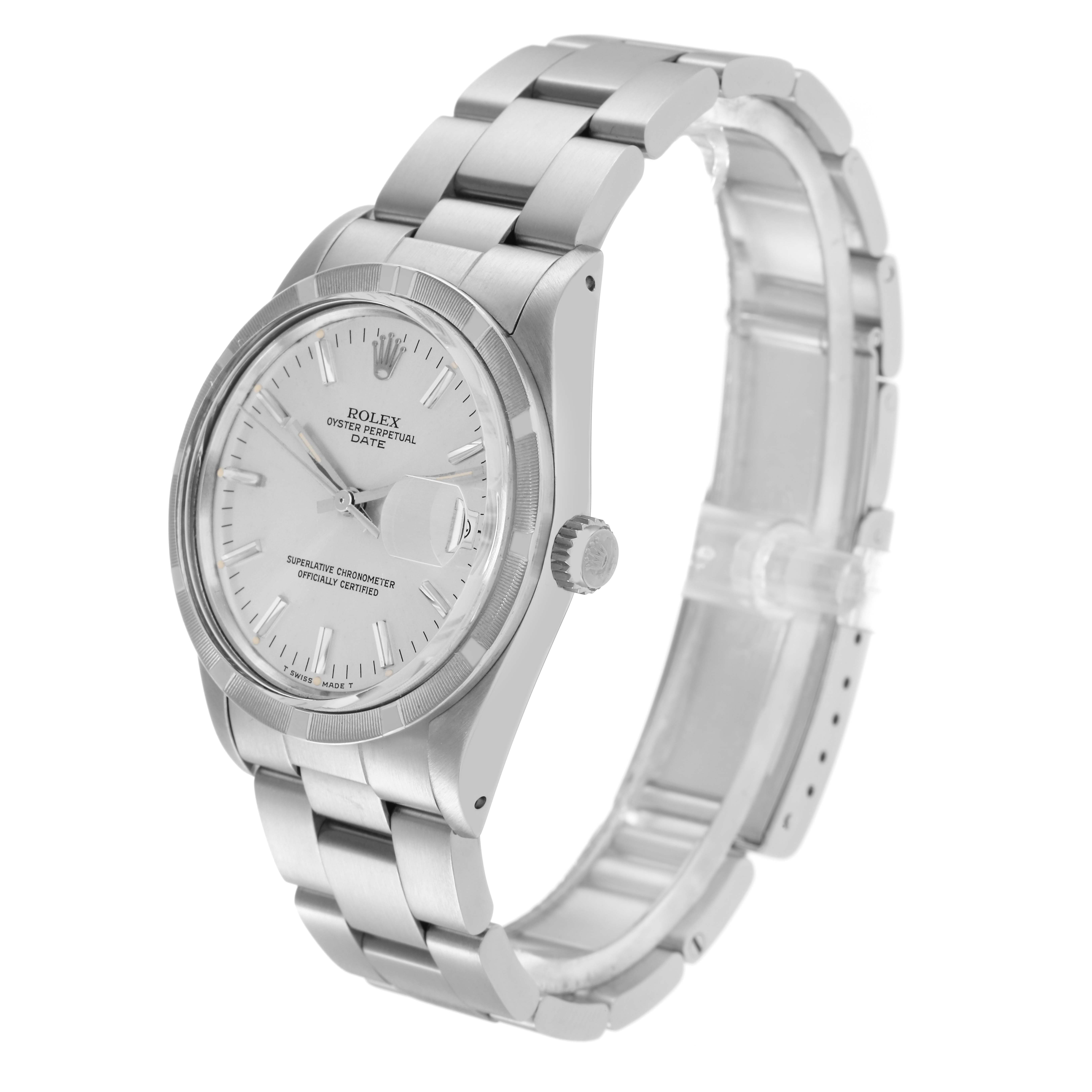 The Rolex Date 15010 Men's Stainless Steel Silver Dial 15010 Men's Stainless Steel Silver Dial watch is shown at a three-quarter angle, highlighting the dial, case, crown, and bracelet.