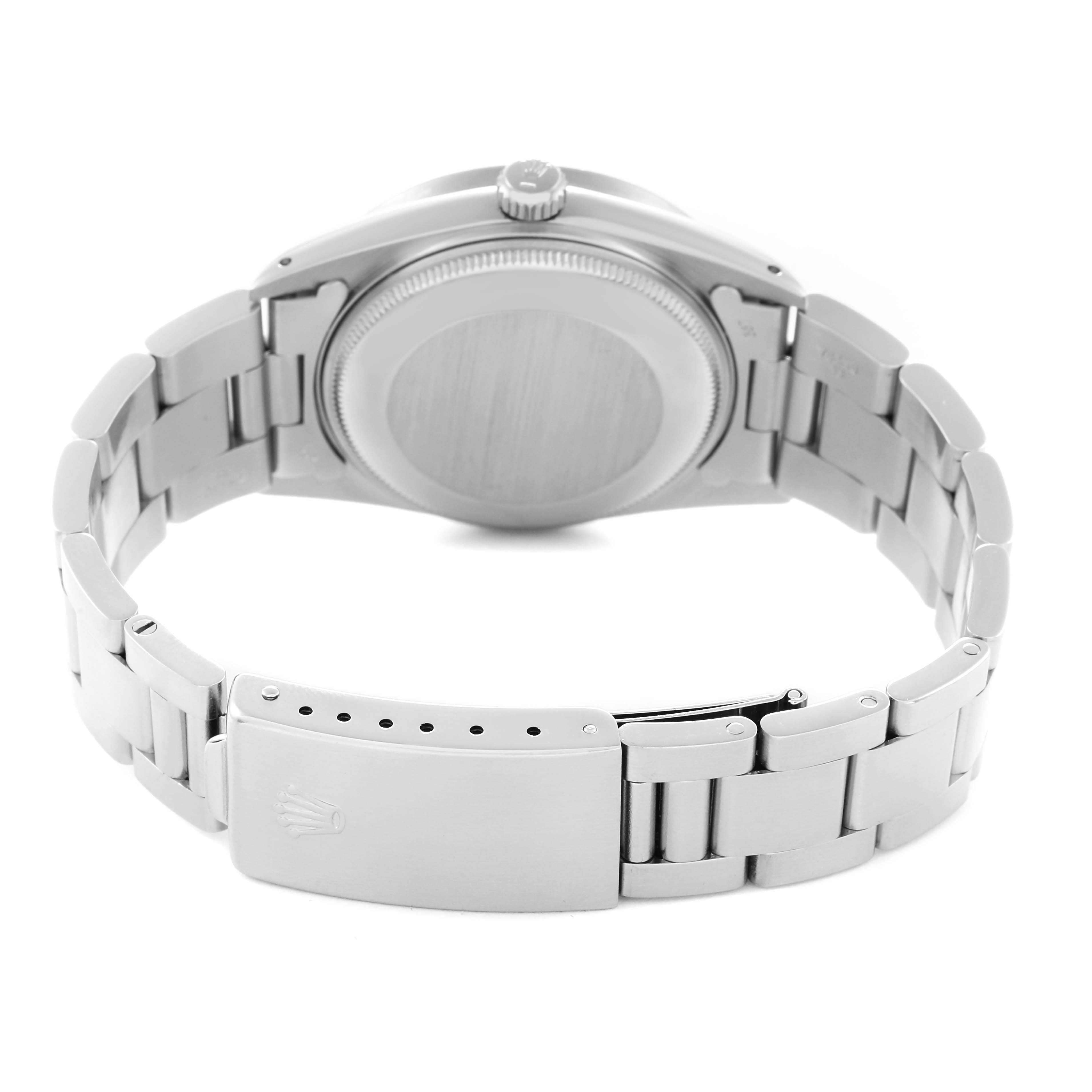 The image shows the back view of a Rolex Date 15010 Men's Stainless Steel Silver Dial 15010 Men's Stainless Steel Silver Dial watch, highlighting the case back, bracelet, and clasp.